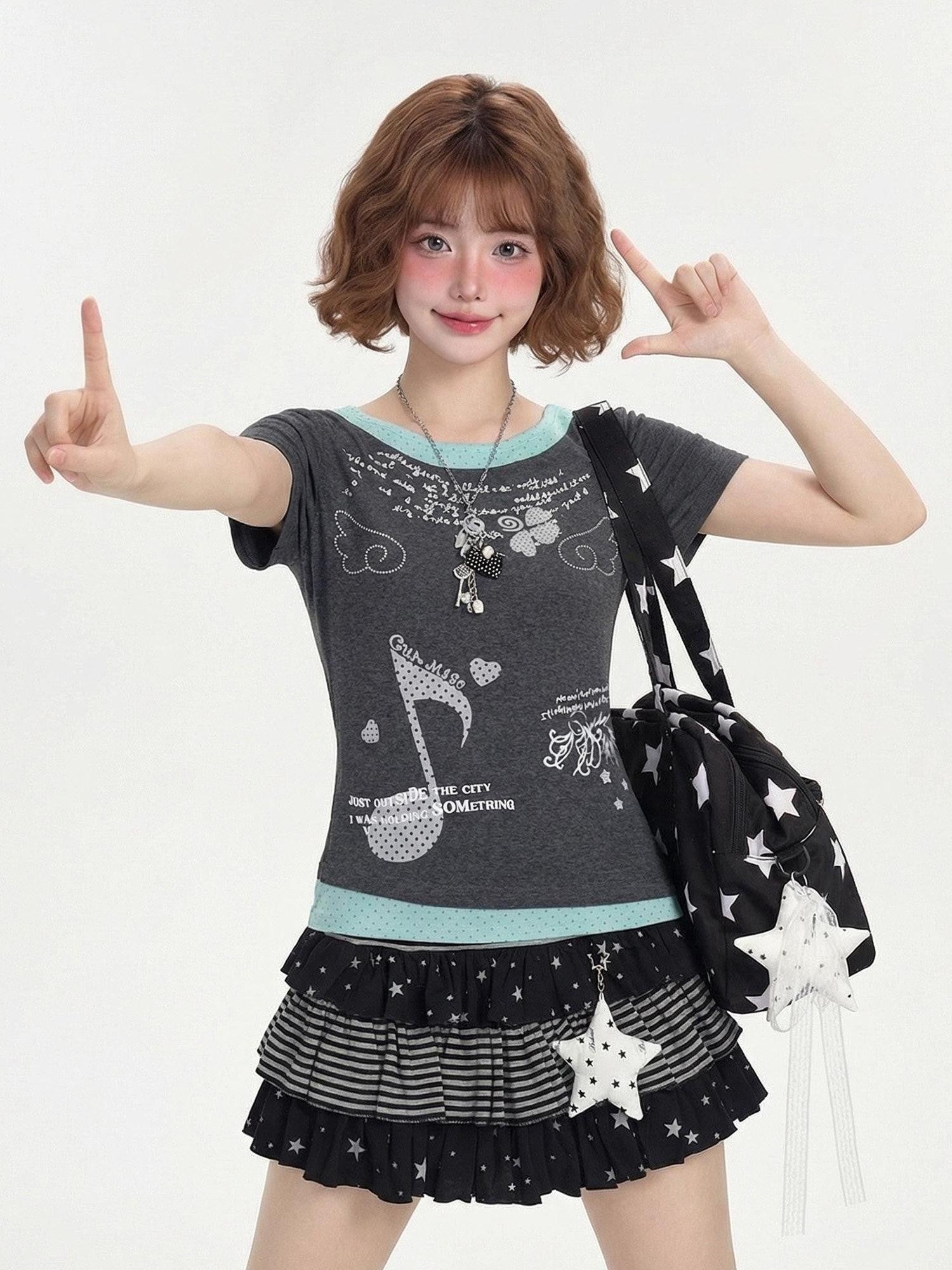 LaceBravo Cropped Star Print Faux Two Piece Patchwork Women's Slim T-shirts