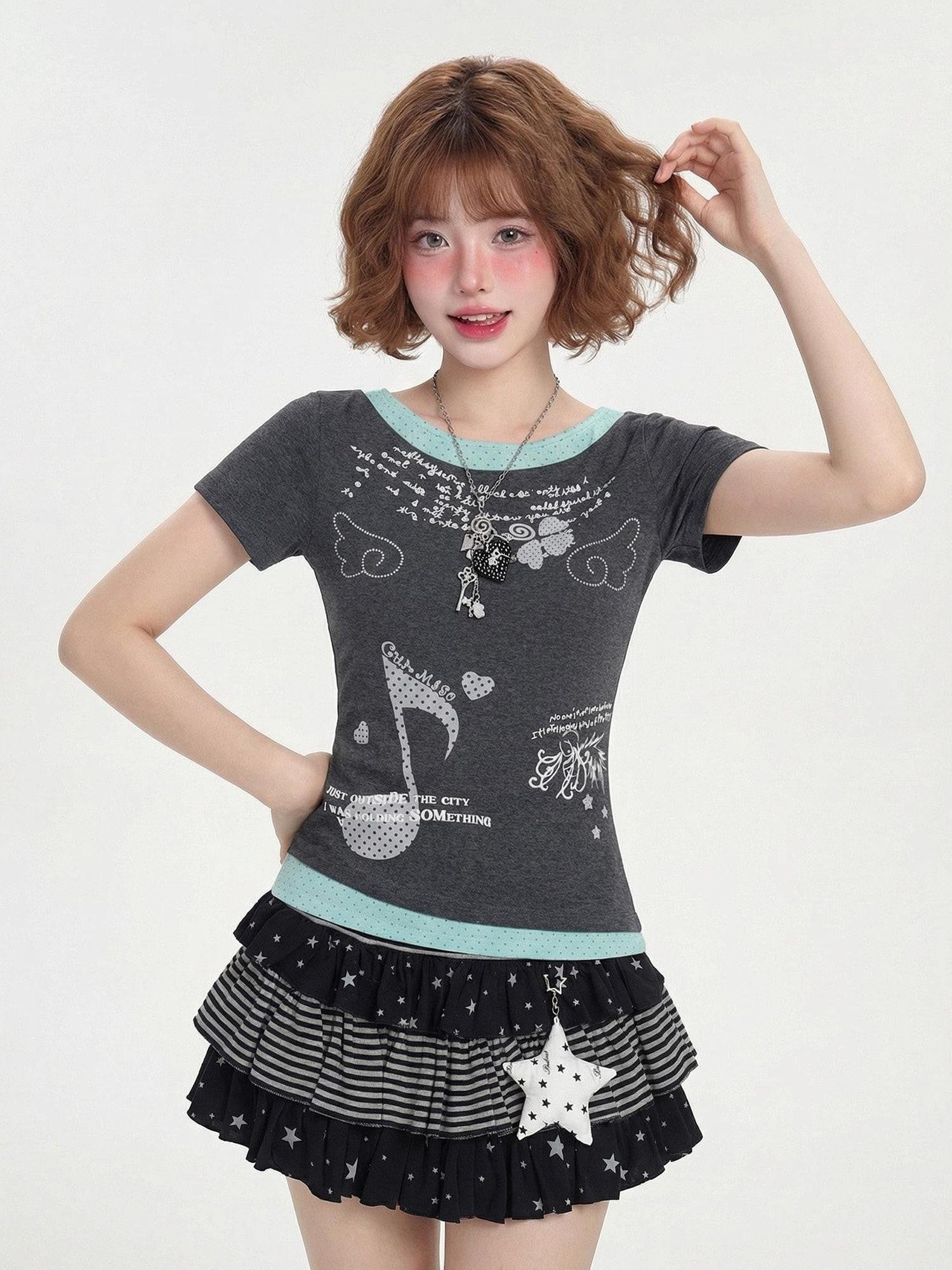 LaceBravo Cropped Star Print Faux Two Piece Patchwork Women's Slim T-shirts