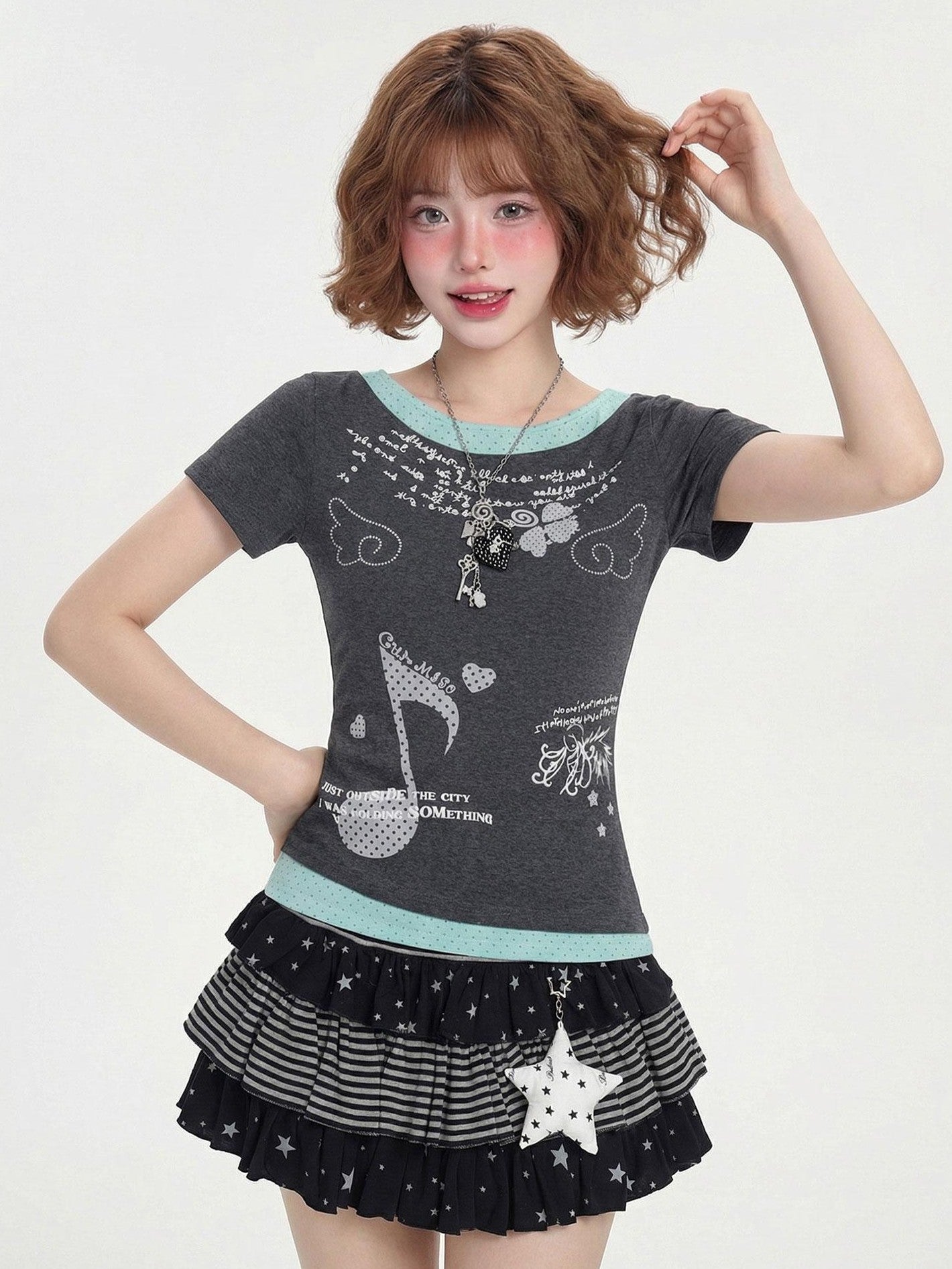 LaceBravo Cropped Star Print Faux Two Piece Patchwork Women's Slim T-shirts