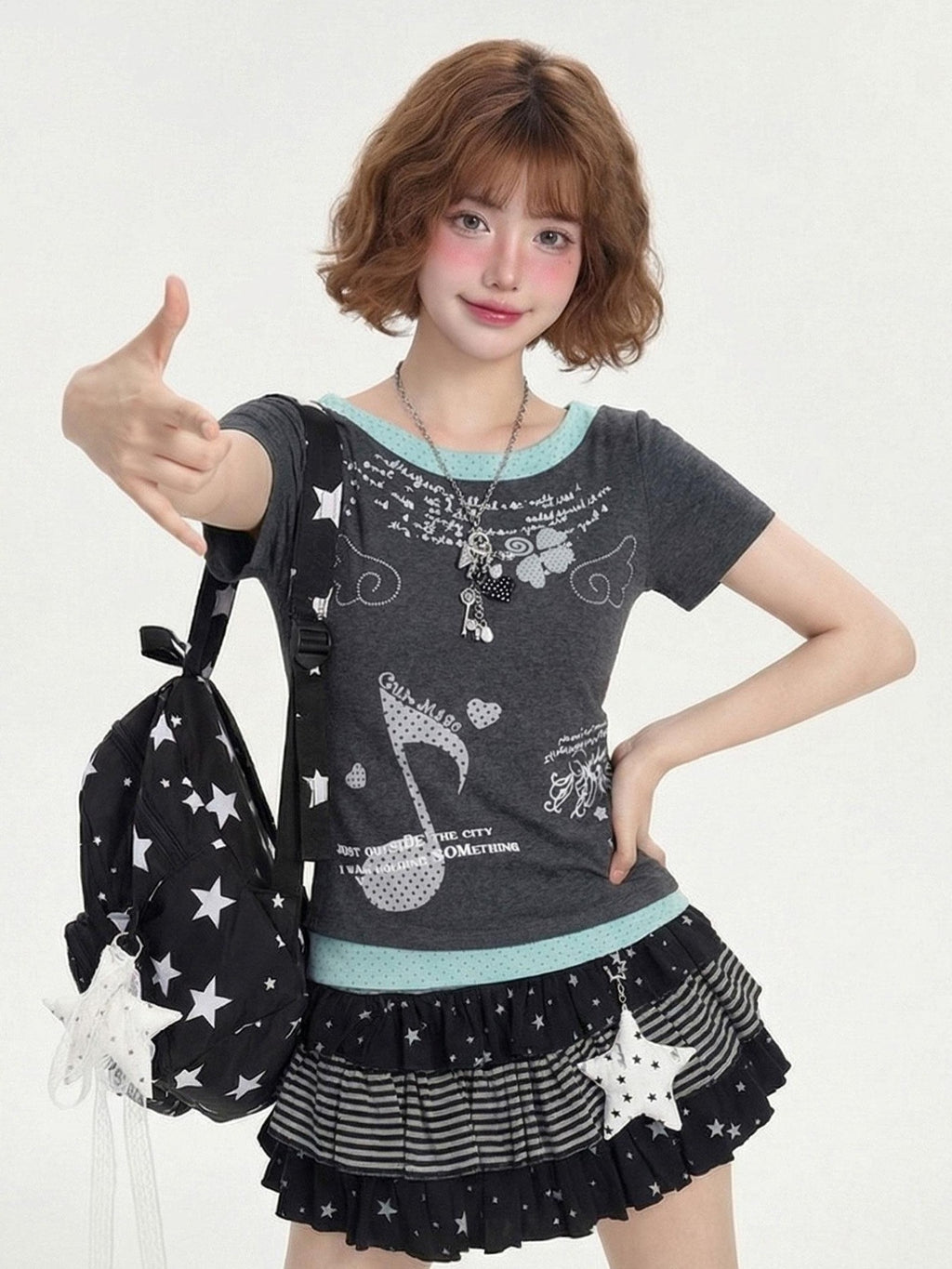 LaceBravo Cropped Star Print Faux Two Piece Patchwork Women's Slim T-shirts