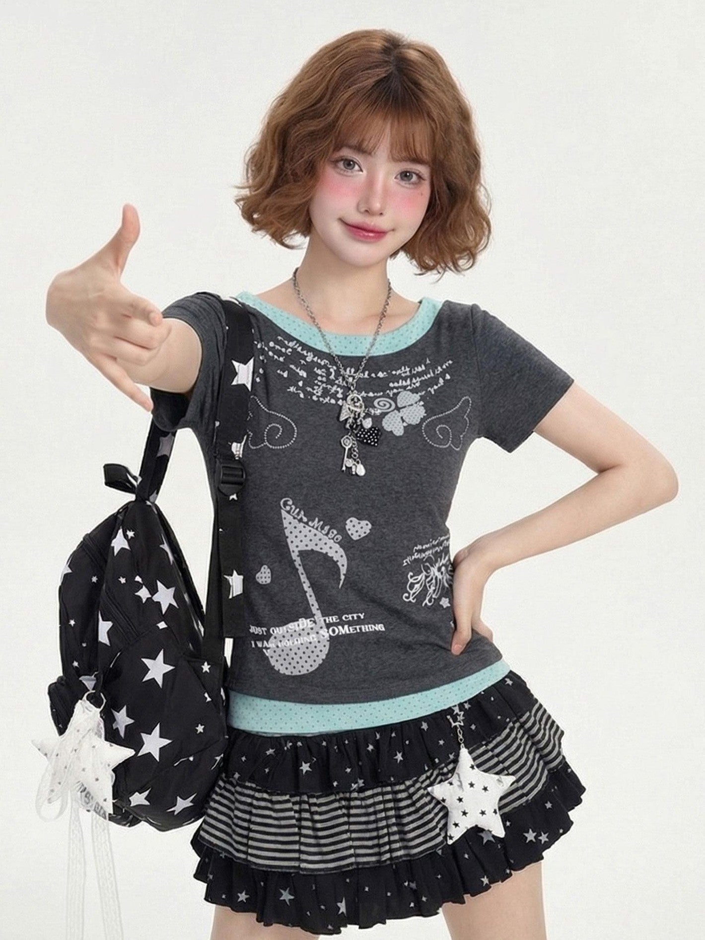 LaceBravo Cropped Star Print Faux Two Piece Patchwork Women's Slim T-shirts