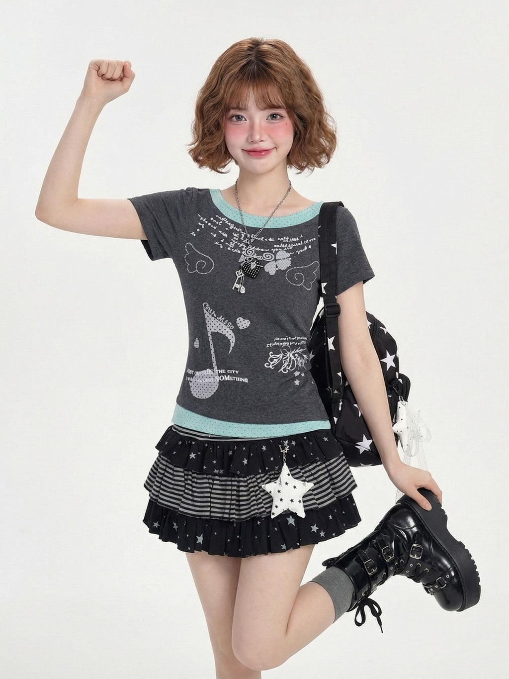 LaceBravo Cropped Star Print Faux Two Piece Patchwork Women's Slim T-shirts