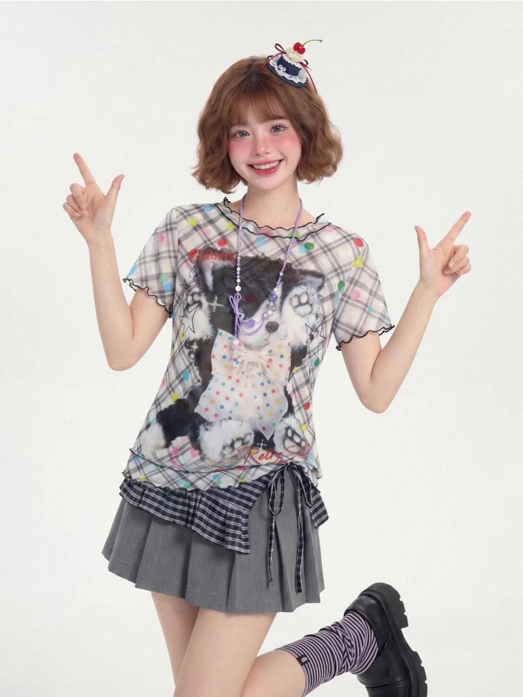 LaceBravo Cute American Plaid Polka Dot Print Ruffled Hem Women's Short Sleeve T-shirts