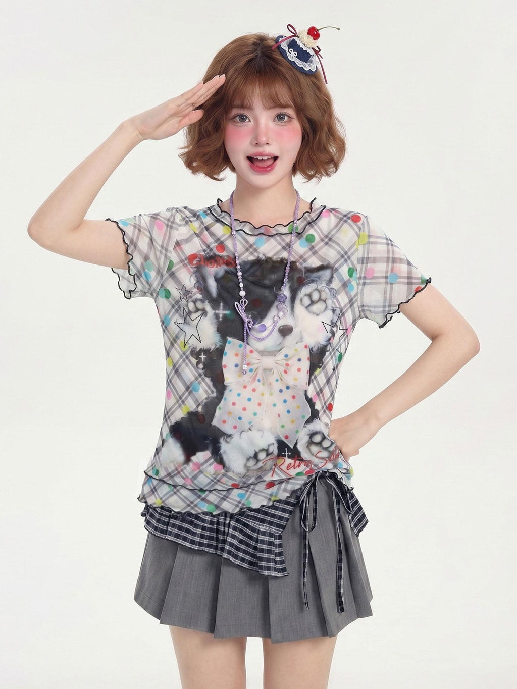 LaceBravo Cute American Plaid Polka Dot Print Ruffled Hem Women's Short Sleeve T-shirts