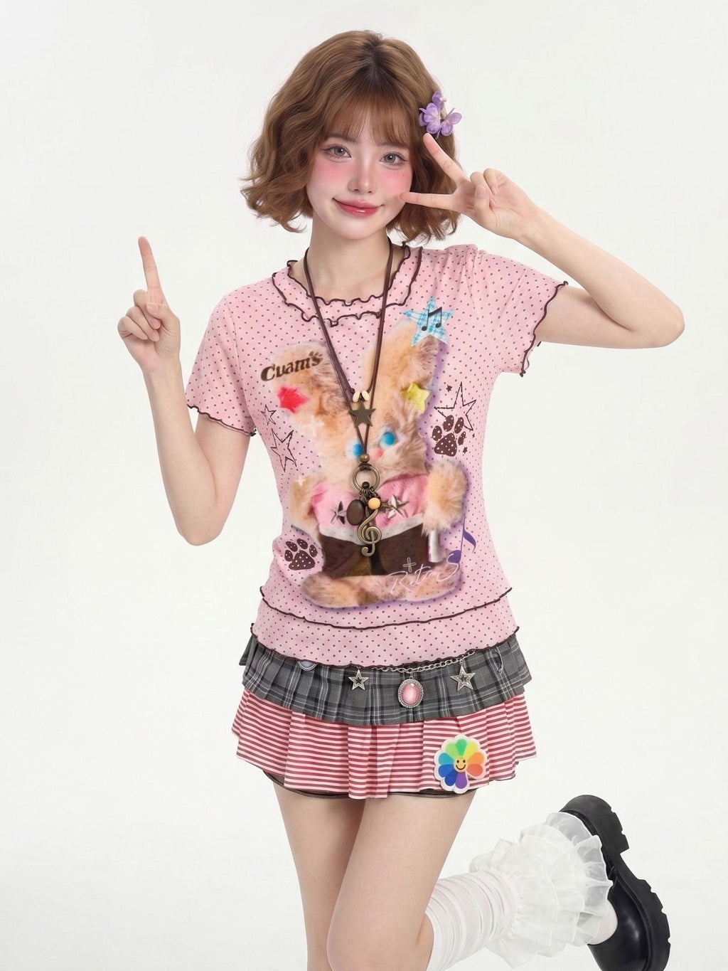 LaceBravo Cute American Plaid Polka Dot Print Ruffled Hem Women's Short Sleeve T-shirts
