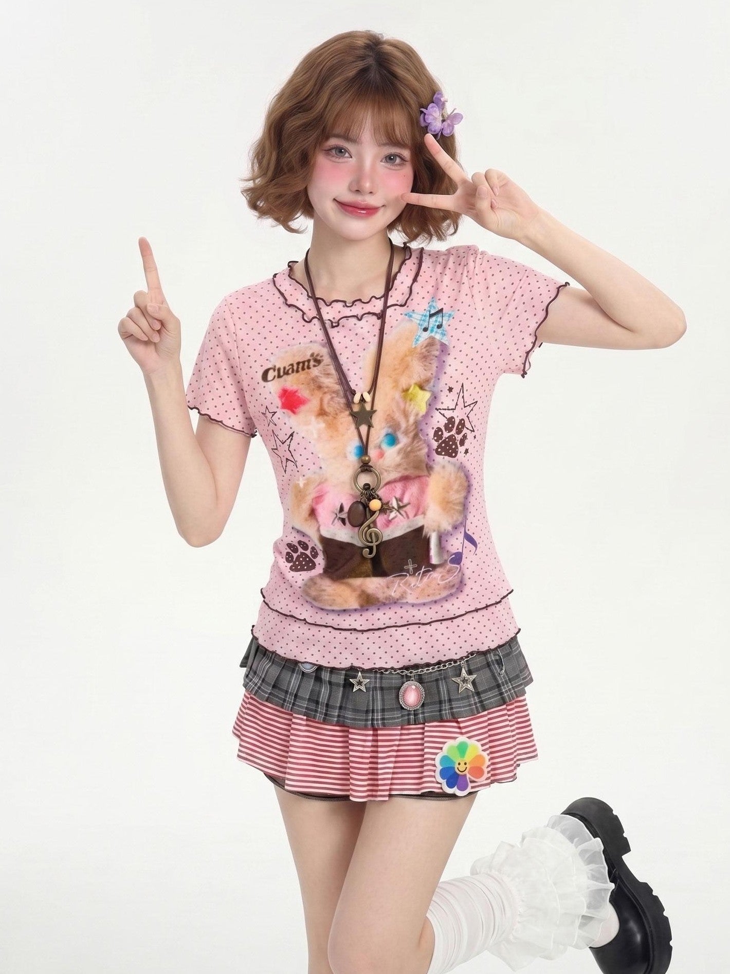 LaceBravo Cute American Plaid Polka Dot Print Ruffled Hem Women's Short Sleeve T-shirts