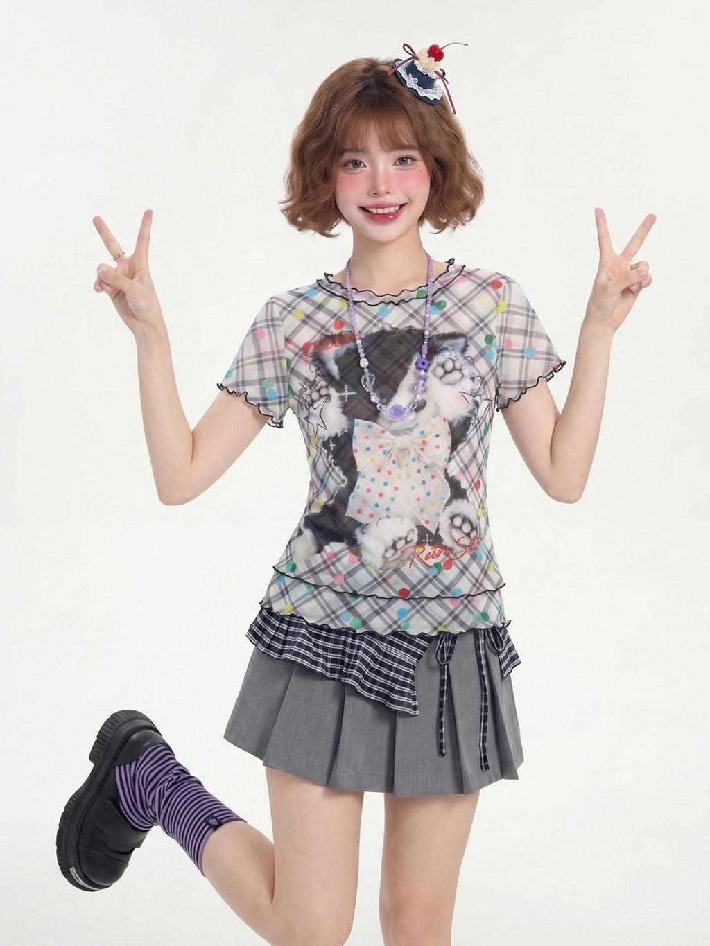 LaceBravo Cute American Plaid Polka Dot Print Ruffled Hem Women's Short Sleeve T-shirts