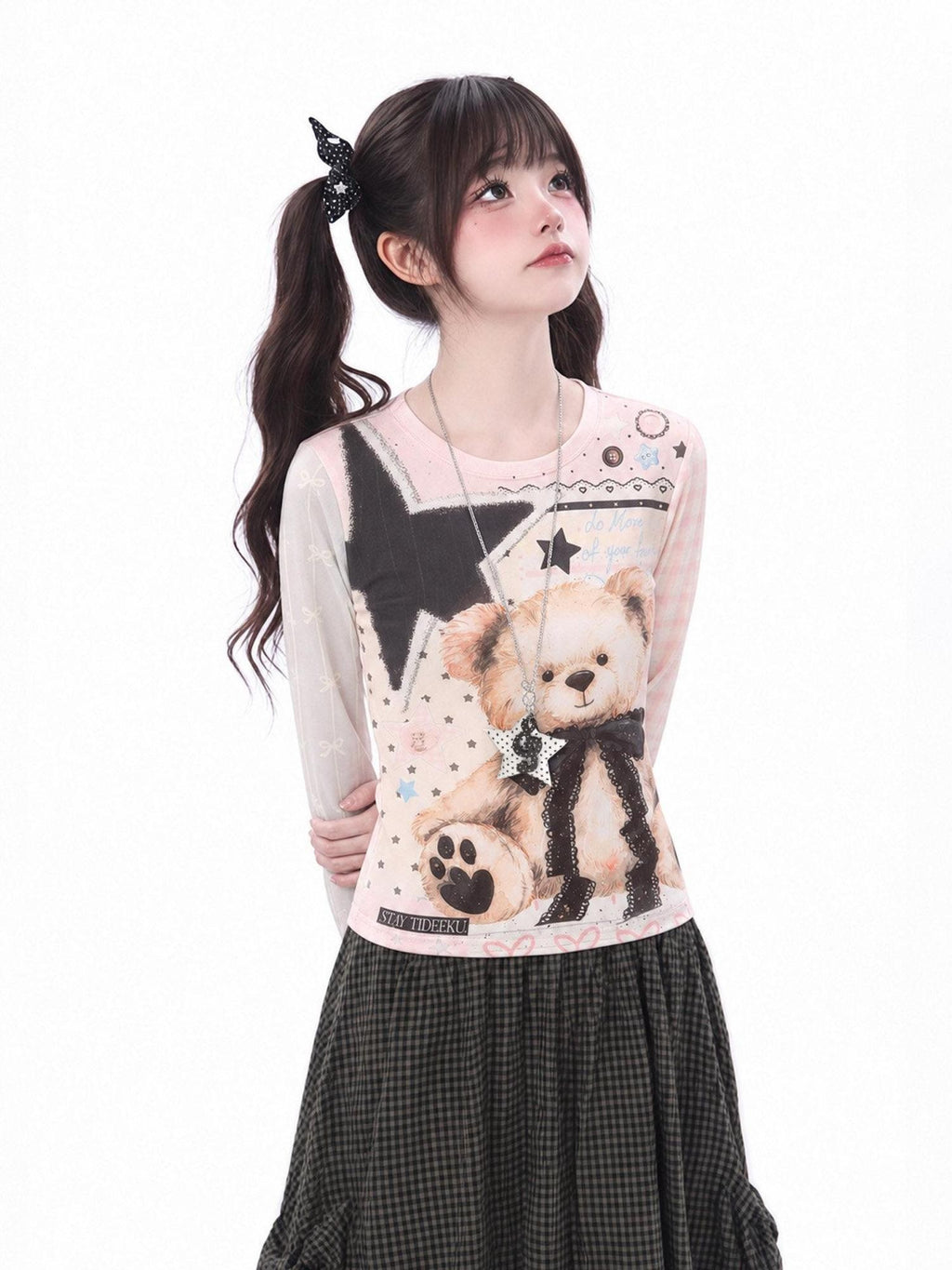 LaceBravo Cute Bear Print Colorblock Slim Fit Women's Long Sleeve T-shirts