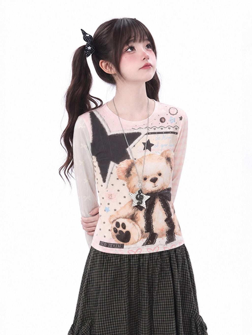 LaceBravo Cute Bear Print Colorblock Slim Fit Women's Long Sleeve T-shirts