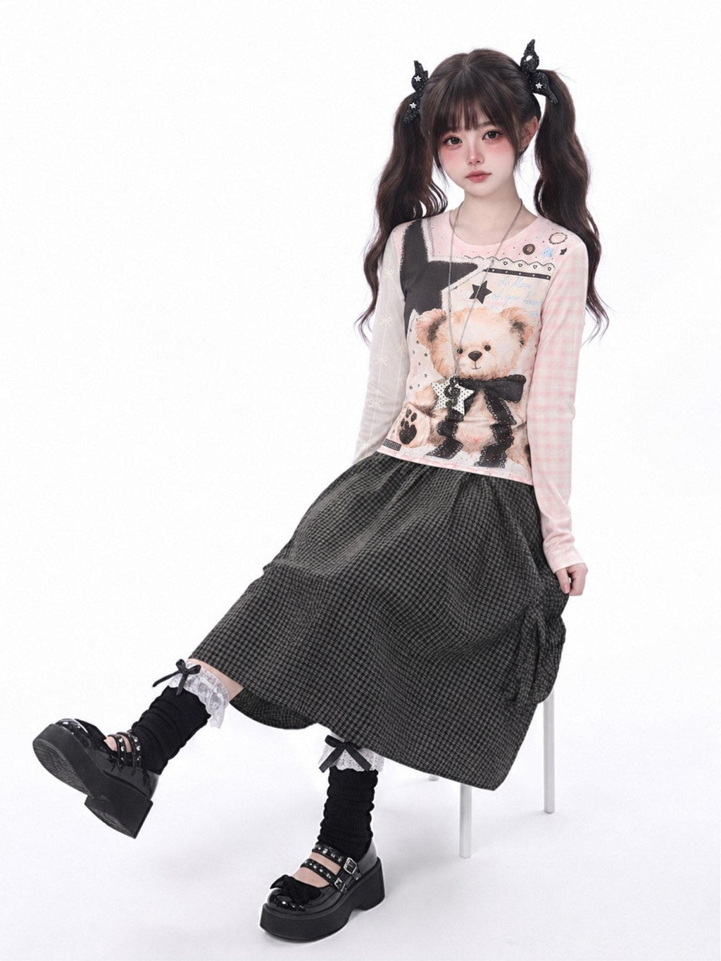 LaceBravo Cute Bear Print Colorblock Slim Fit Women's Long Sleeve T-shirts