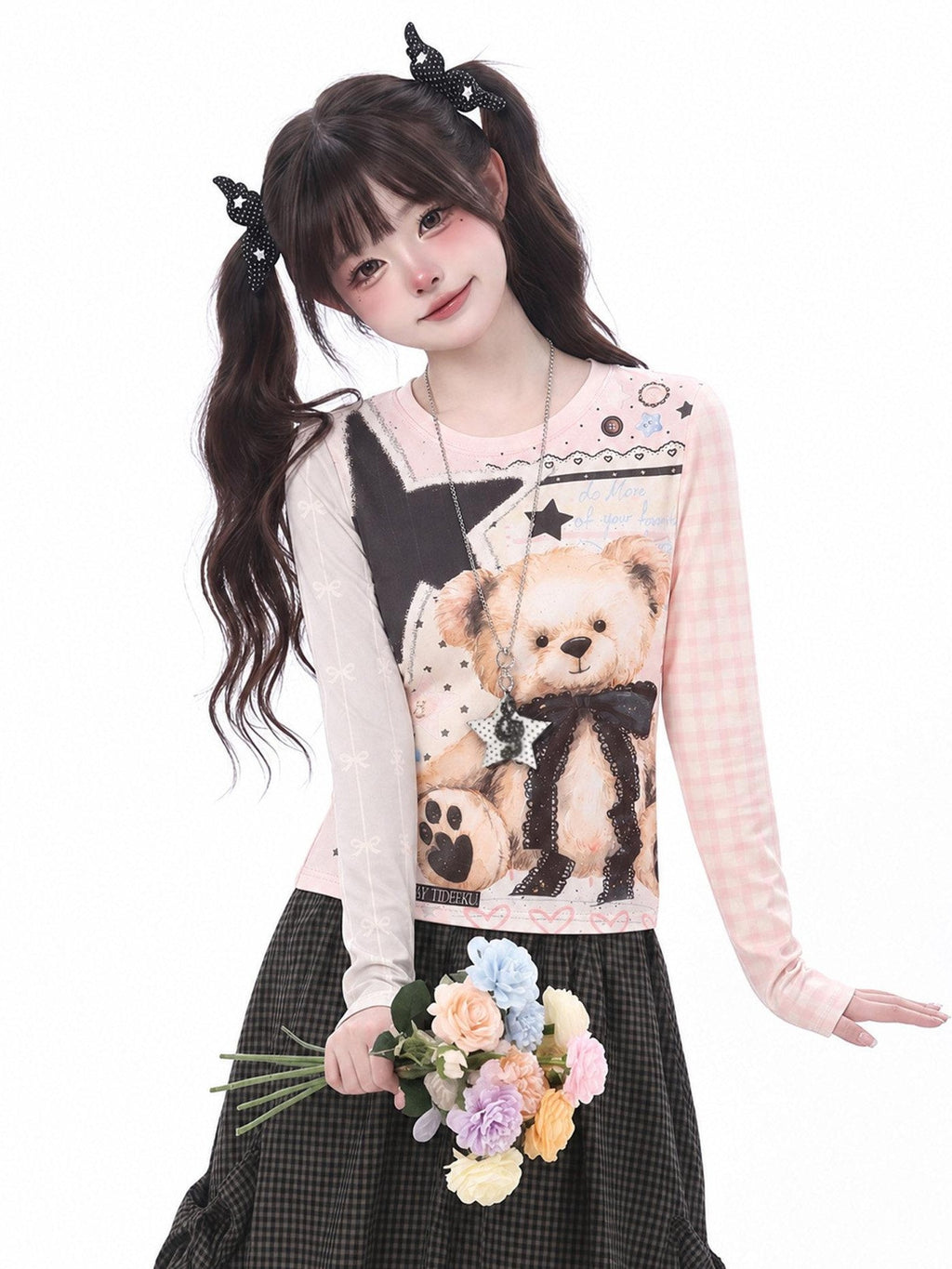 LaceBravo Cute Bear Print Colorblock Slim Fit Women's Long Sleeve T-shirts