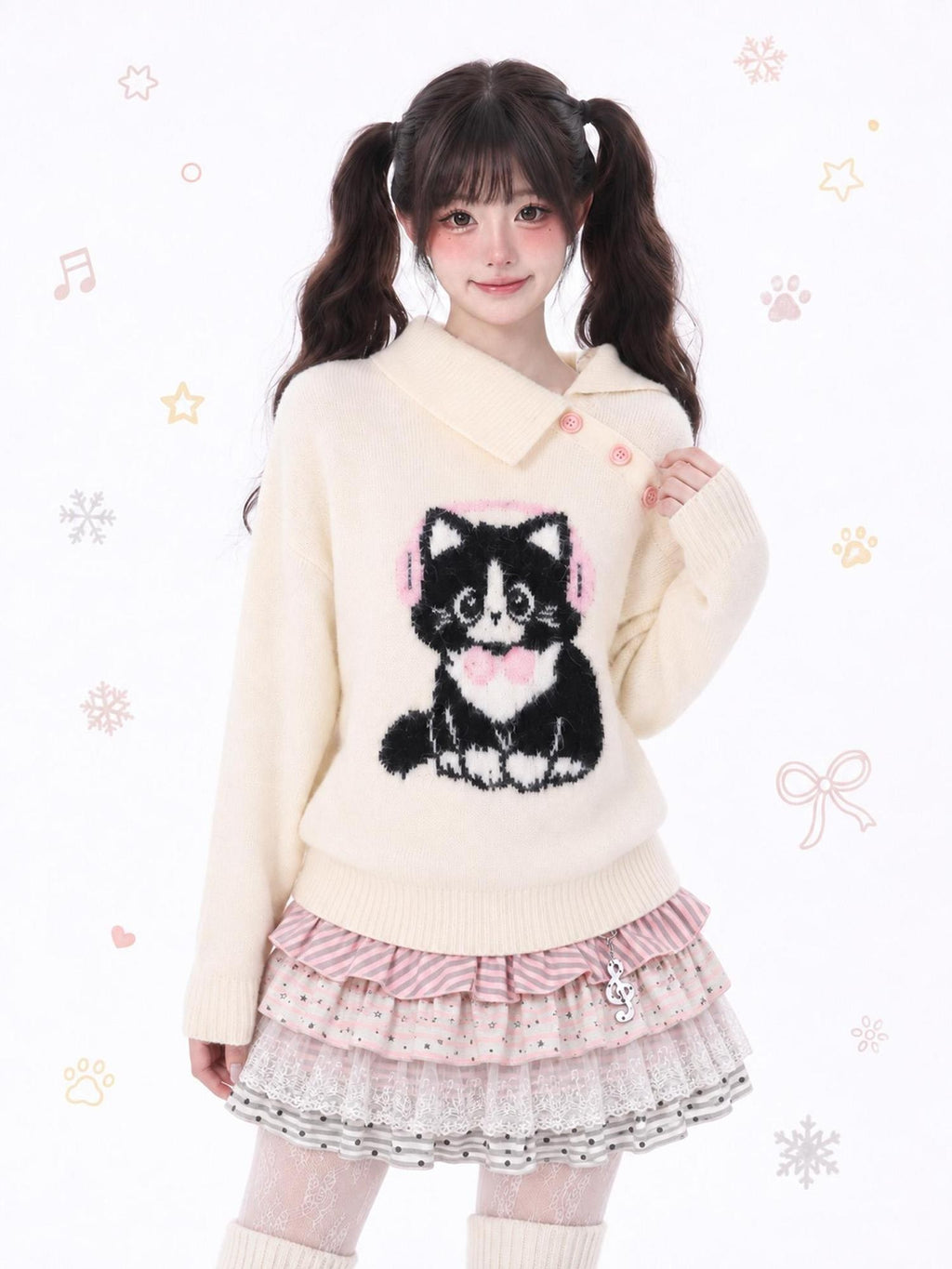 LaceBravo Cute Cat Jacquard Knit Women's Loose Soft Warm Pullover Sweaters