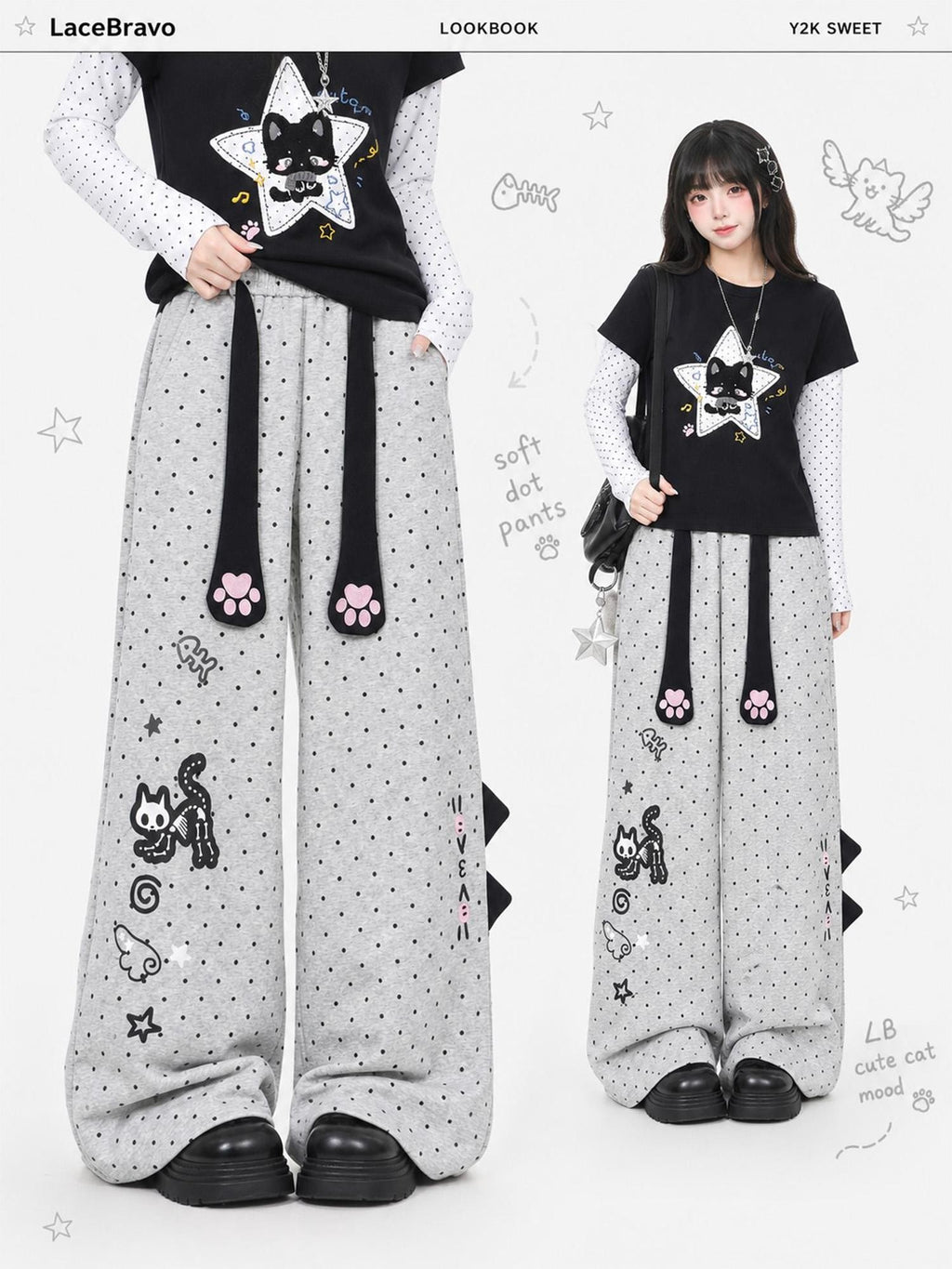 LaceBravo Cute Cat Paw Print Polka Dot Straight Leg Cotton Women's Sweatpants