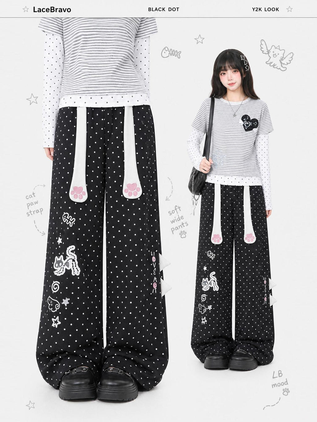 LaceBravo Cute Cat Paw Print Polka Dot Straight Leg Cotton Women's Sweatpants