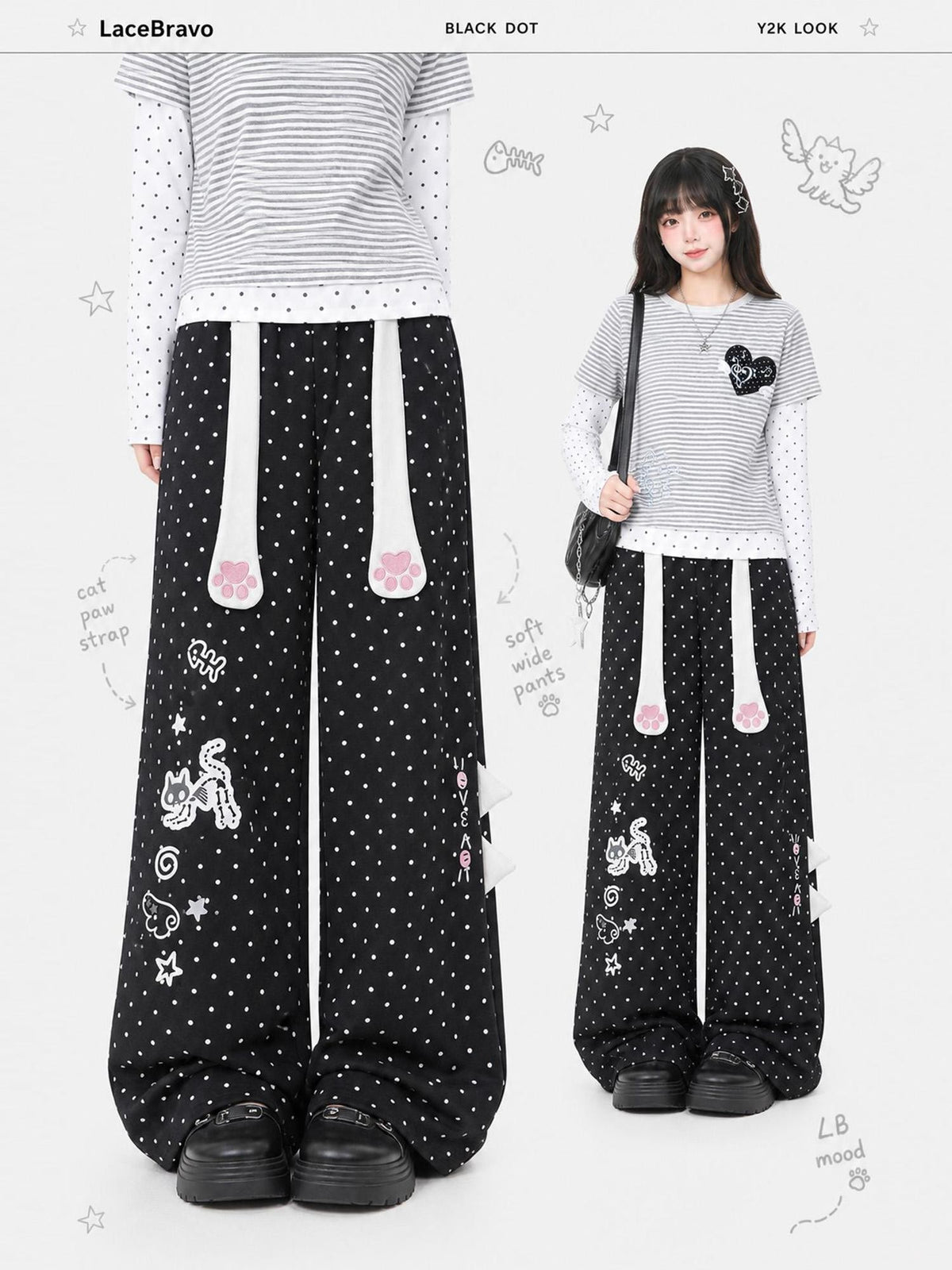 LaceBravo Cute Cat Paw Print Polka Dot Straight Leg Cotton Women's Sweatpants