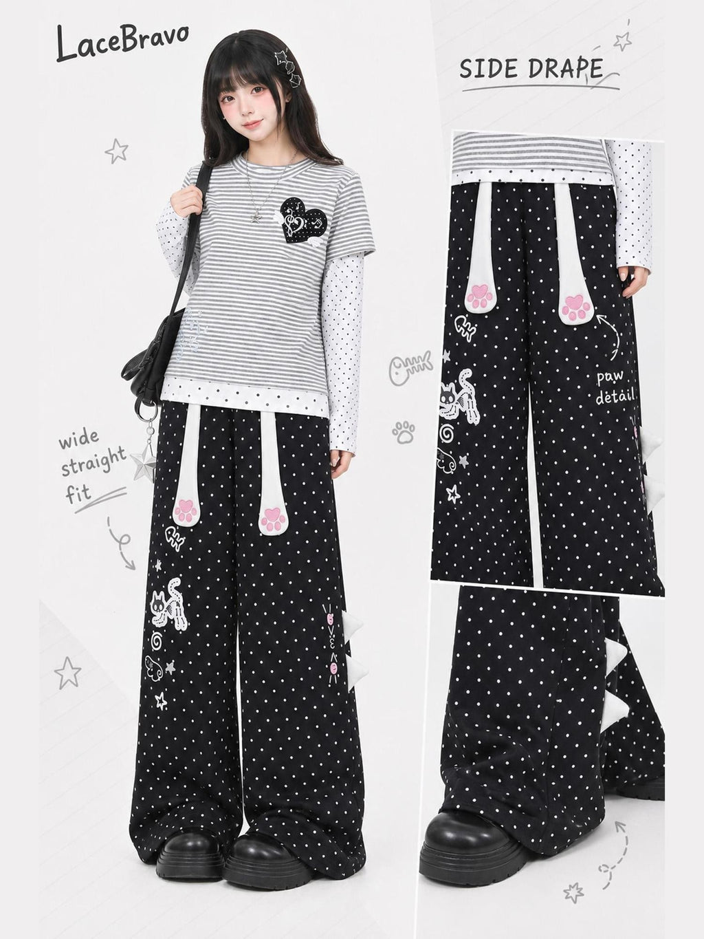 LaceBravo Cute Cat Paw Print Polka Dot Straight Leg Cotton Women's Sweatpants