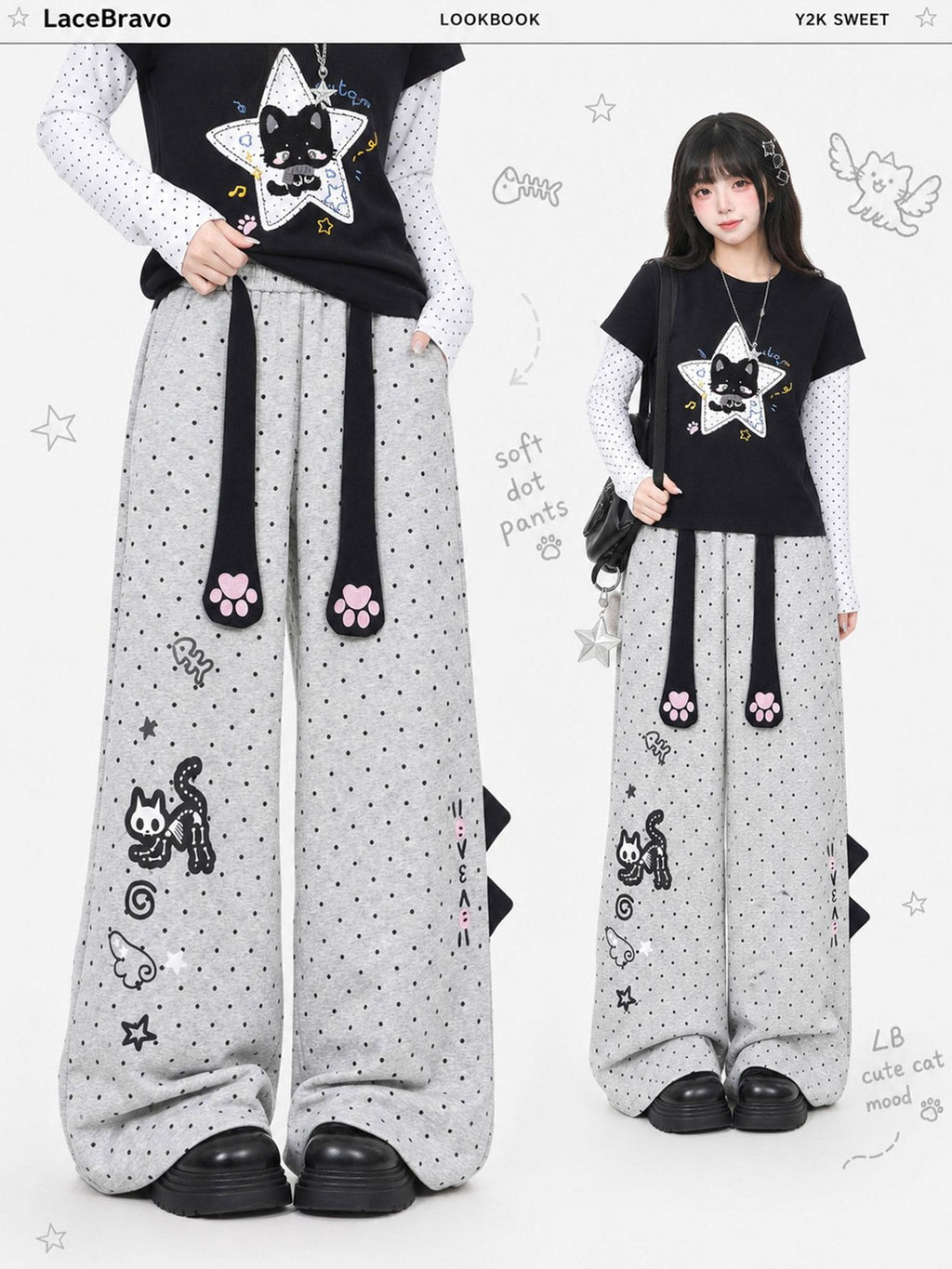 LaceBravo Cute Cat Paw Print Polka Dot Straight Leg Cotton Women's Sweatpants