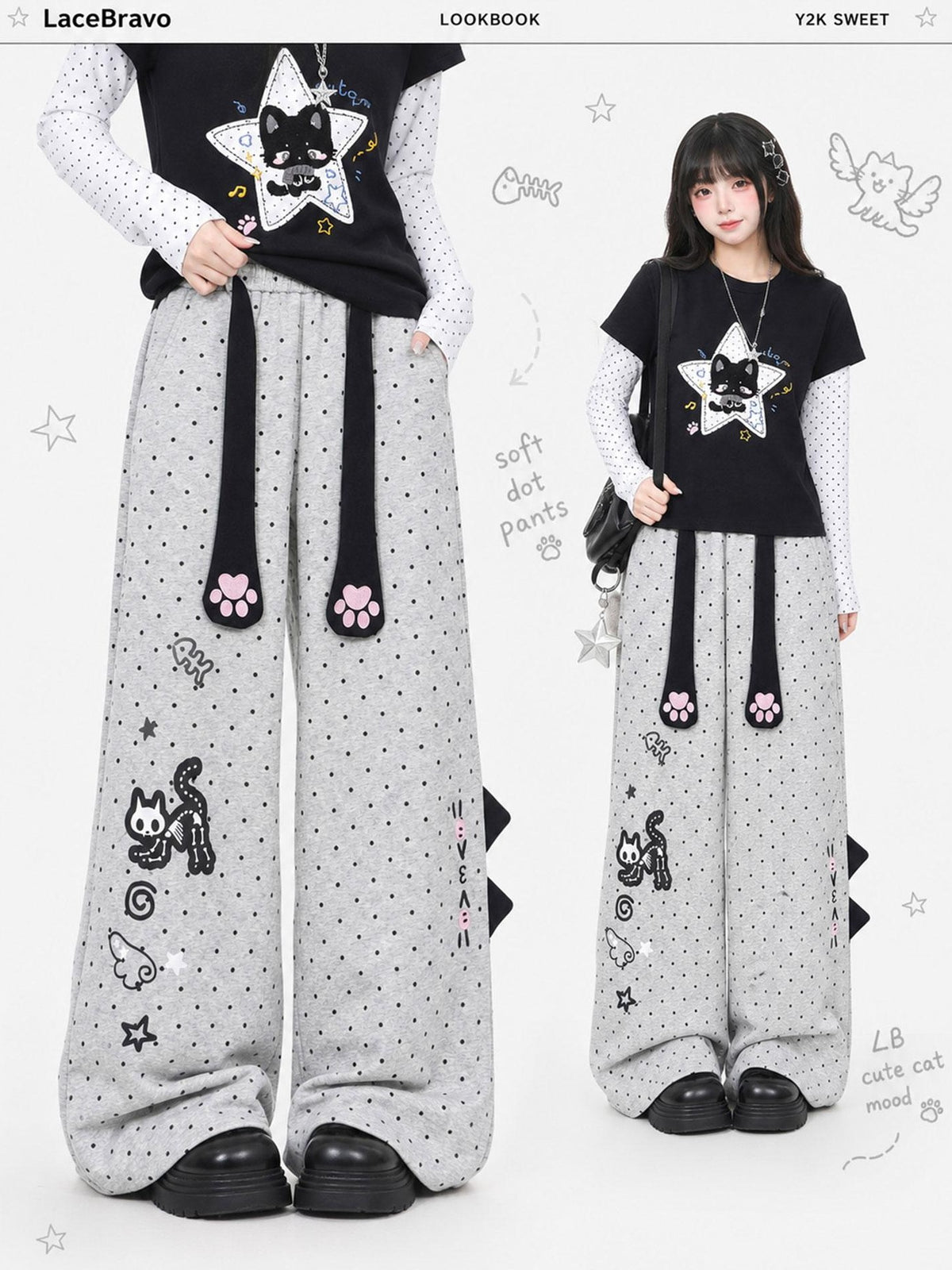 LaceBravo Cute Cat Paw Print Polka Dot Straight Leg Cotton Women's Sweatpants