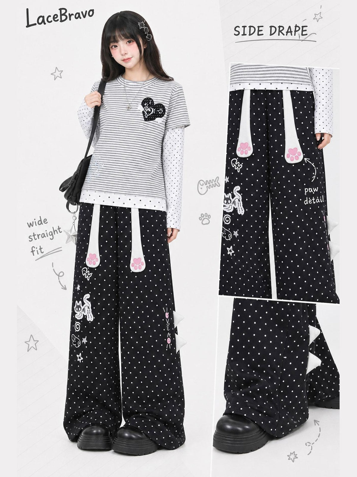 LaceBravo Cute Cat Paw Print Polka Dot Straight Leg Cotton Women's Sweatpants