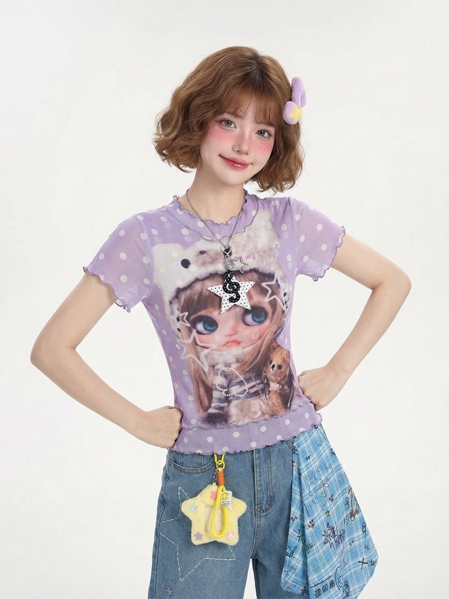 LaceBravo_Cute_Doll_Cartoon_Print_Faux_Layered_Women's_Mesh_Short_Sleeve_T-shirts_1041004850001_MISSTT