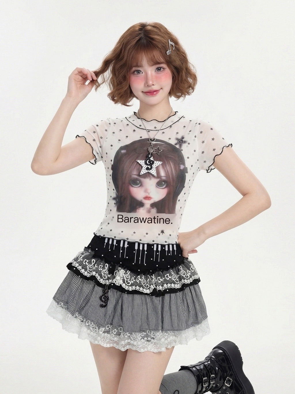 LaceBravo_Cute_Doll_Cartoon_Print_Faux_Layered_Women's_Mesh_Short_Sleeve_T-shirts_1041004850001_MISSTT