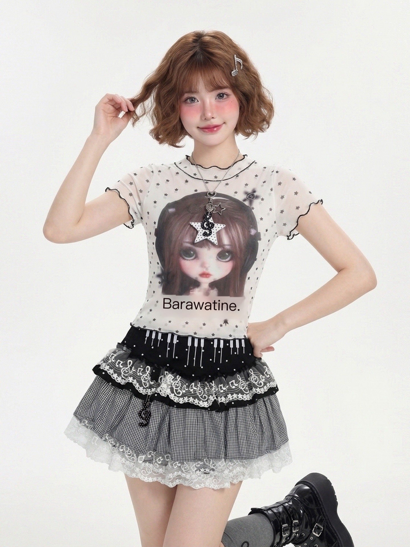LaceBravo_Cute_Doll_Cartoon_Print_Faux_Layered_Women's_Mesh_Short_Sleeve_T-shirts_1041004850001_MISSTT