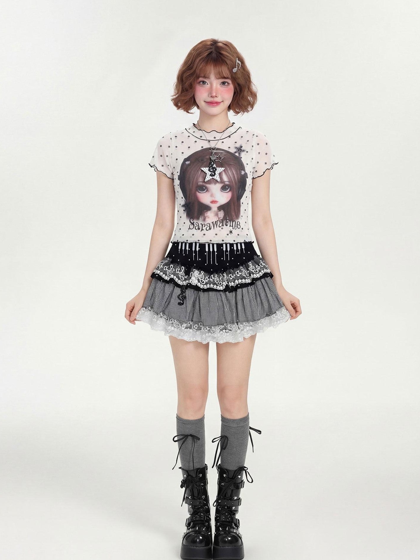 LaceBravo Cute Doll Cartoon Print Faux Layered Women's Mesh Short Sleeve T-shirts