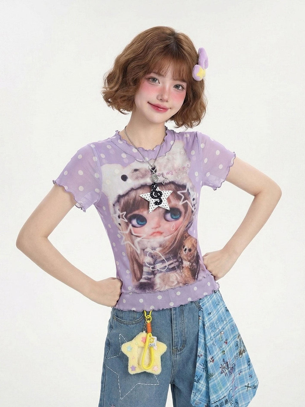 LaceBravo Cute Doll Cartoon Print Faux Layered Women's Mesh Short Sleeve T-shirts