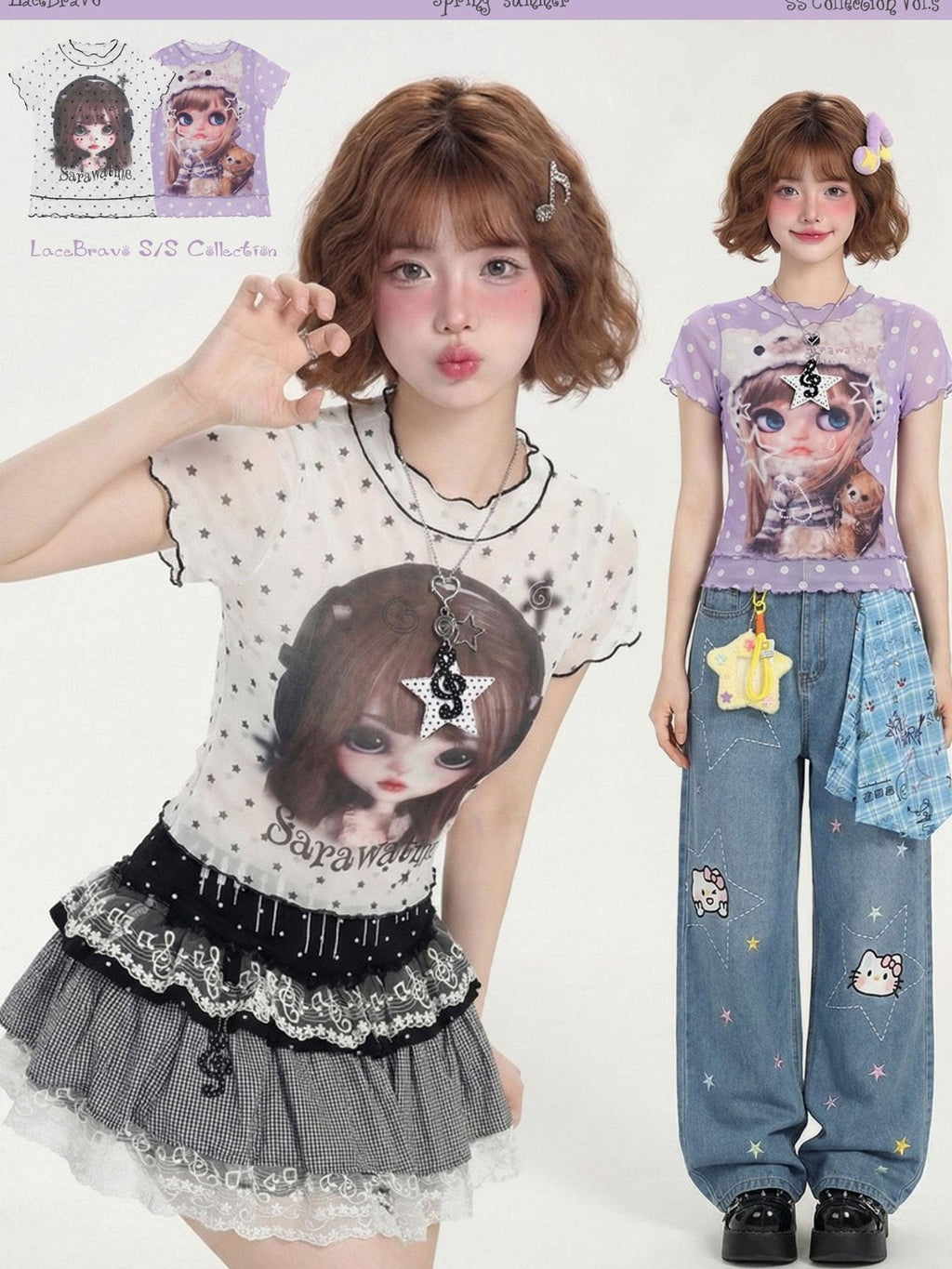 LaceBravo Cute Doll Cartoon Print Faux Layered Women's Mesh Short Sleeve T-shirts