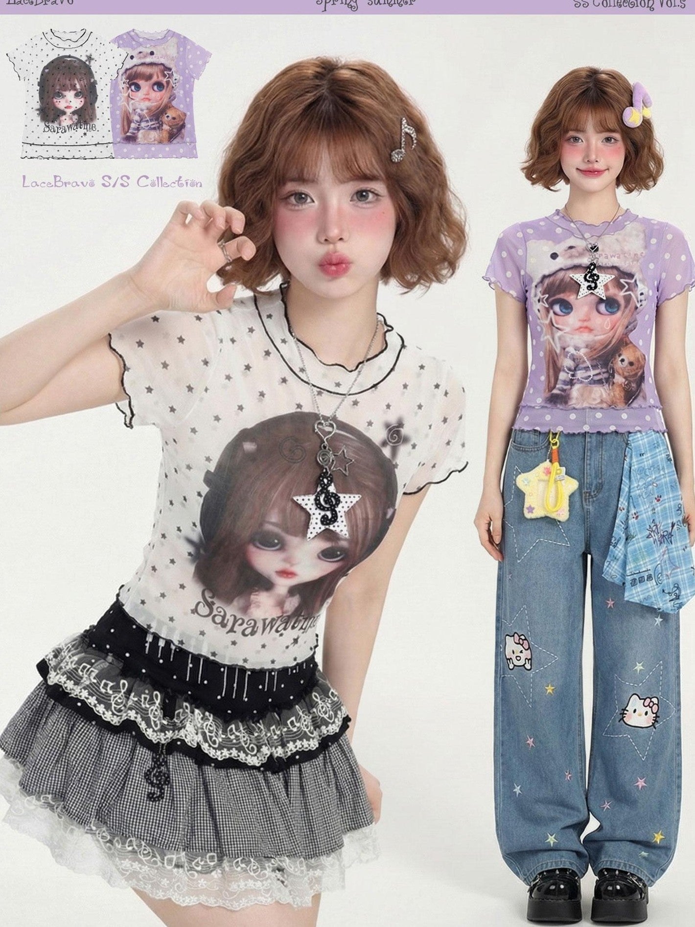 LaceBravo Cute Doll Cartoon Print Faux Layered Women's Mesh Short Sleeve T-shirts
