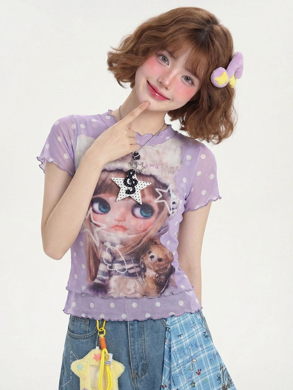LaceBravo Cute Doll Cartoon Print Faux Layered Women's Mesh Short Sleeve T-shirts