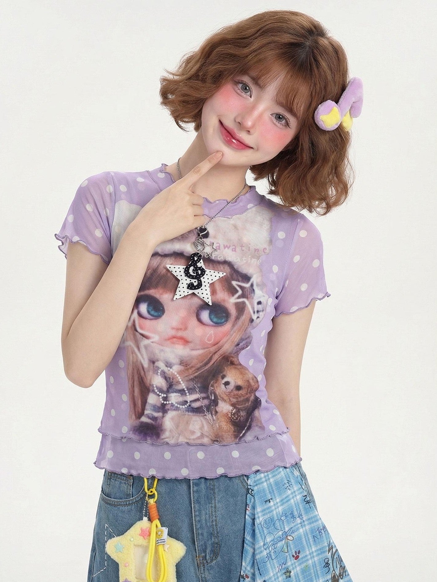 LaceBravo Cute Doll Cartoon Print Faux Layered Women's Mesh Short Sleeve T-shirts