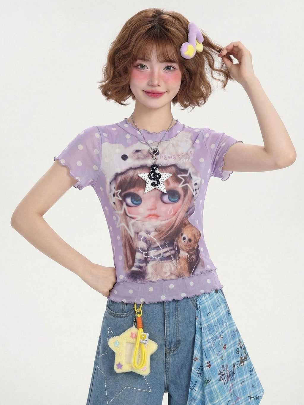 LaceBravo Cute Doll Cartoon Print Faux Layered Women's Mesh Short Sleeve T-shirts