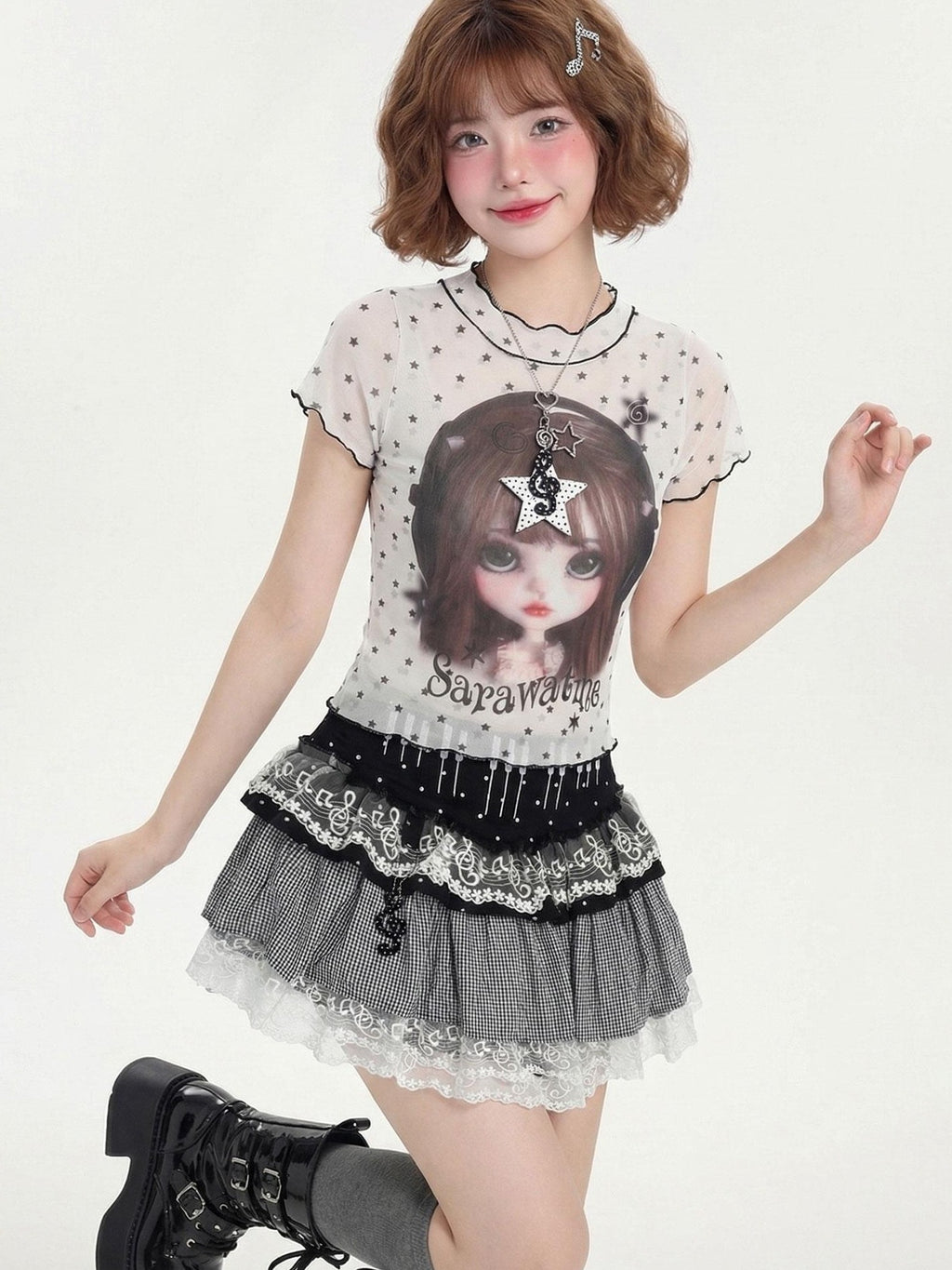 LaceBravo Cute Doll Cartoon Print Faux Layered Women's Mesh Short Sleeve T-shirts