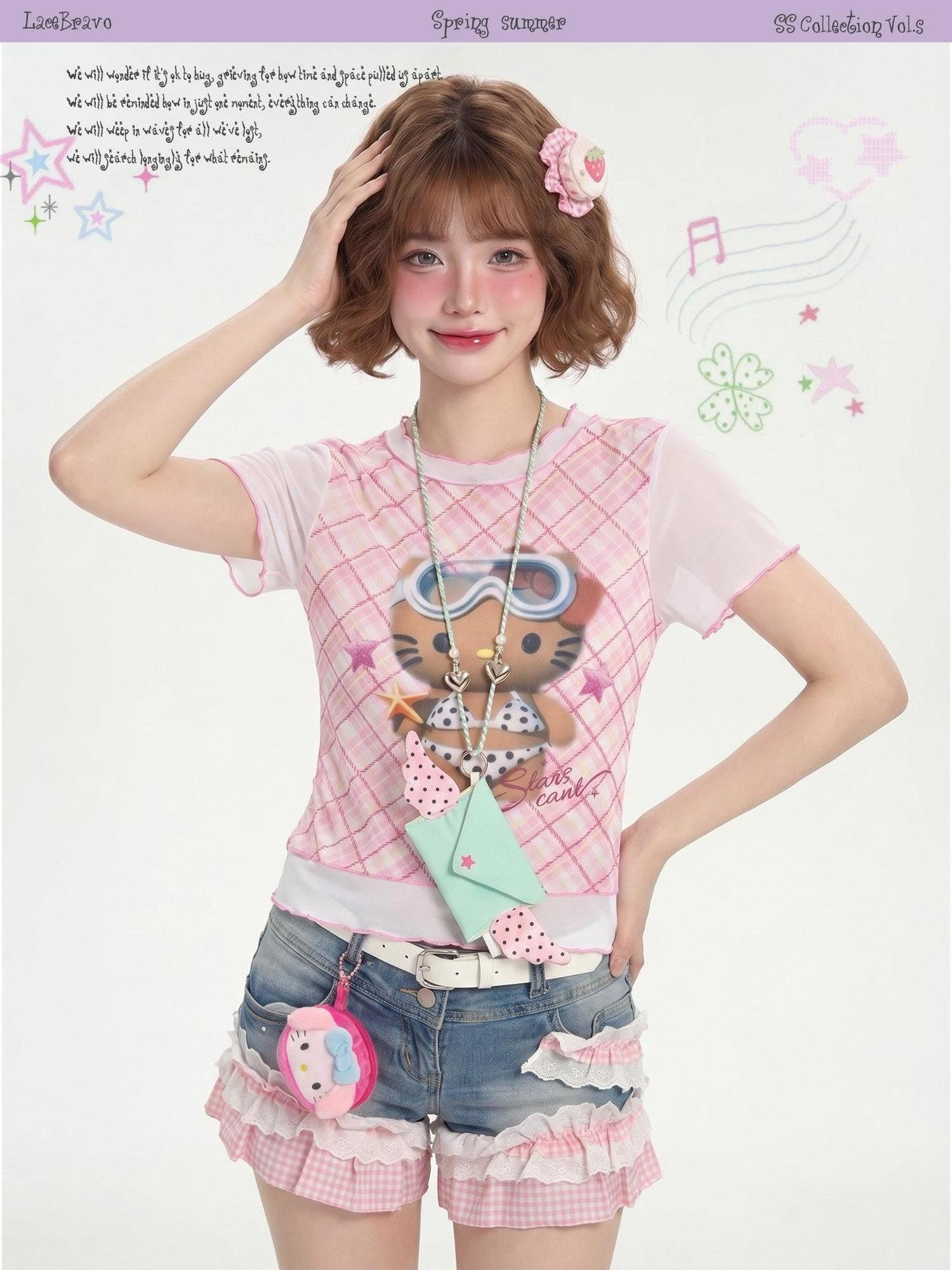 LaceBravo Cute Kitty Print Ruffle Trim Slim Fit Women's Short Sleeve T-shirts