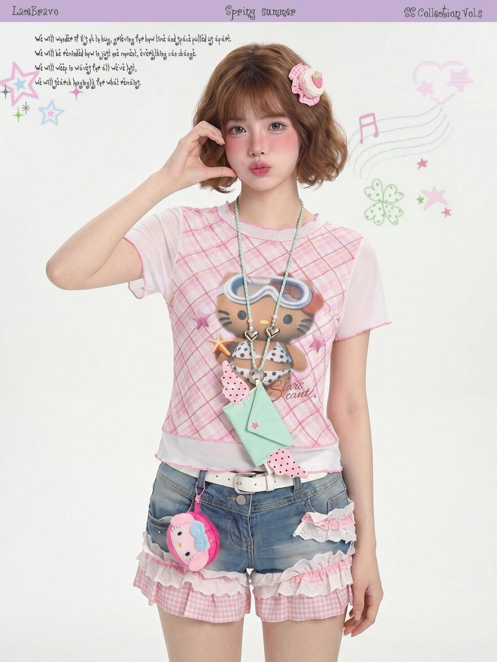 LaceBravo Cute Kitty Print Ruffle Trim Slim Fit Women's Short Sleeve T-shirts