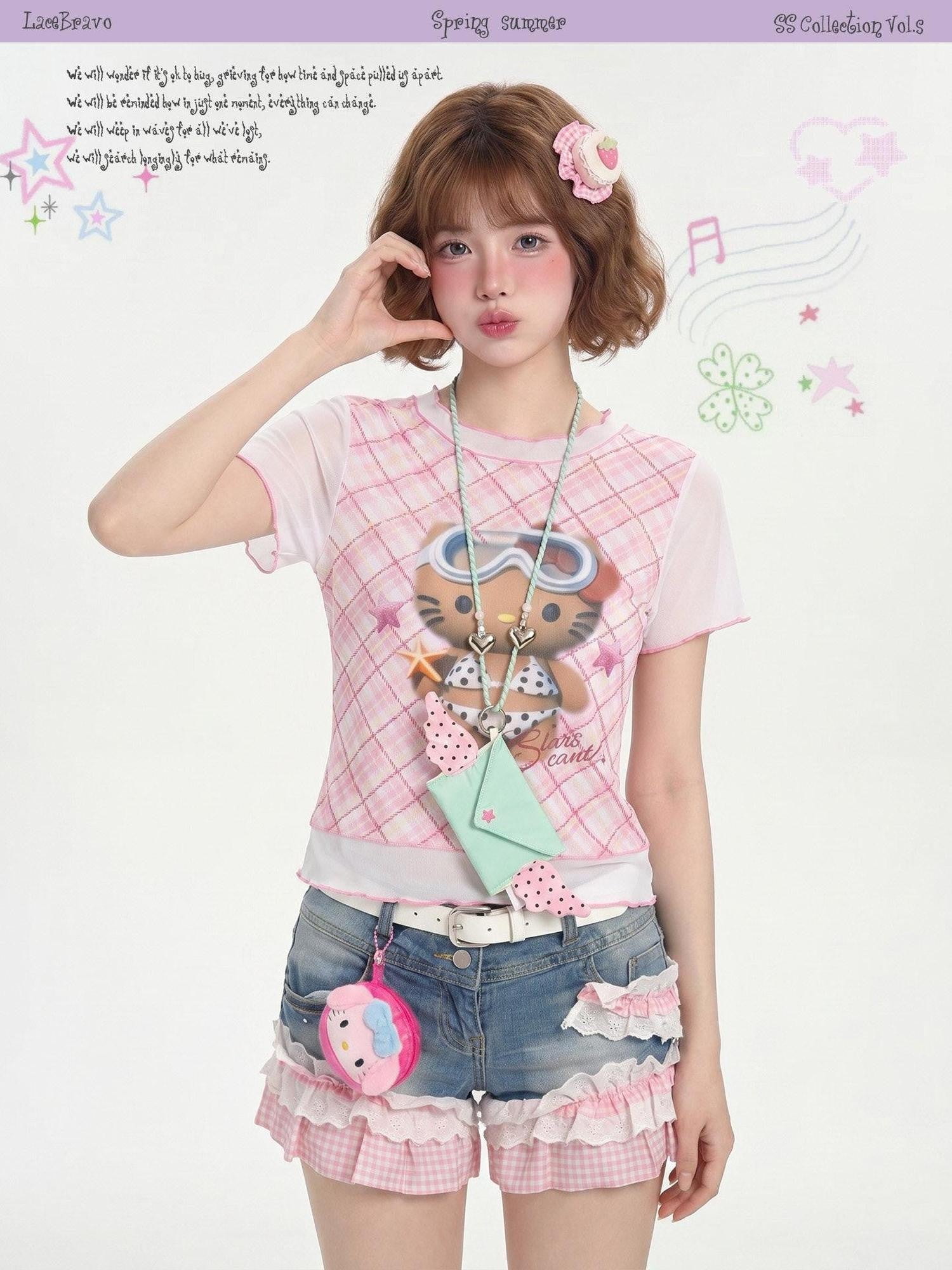 LaceBravo Cute Kitty Print Ruffle Trim Slim Fit Women's Short Sleeve T-shirts