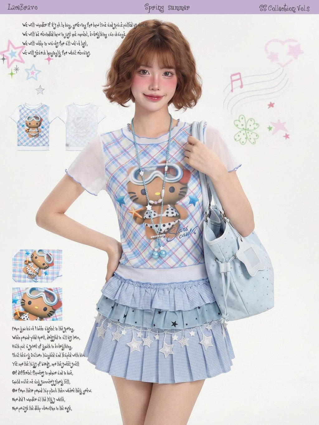 LaceBravo Cute Kitty Print Ruffle Trim Slim Fit Women's Short Sleeve T-shirts