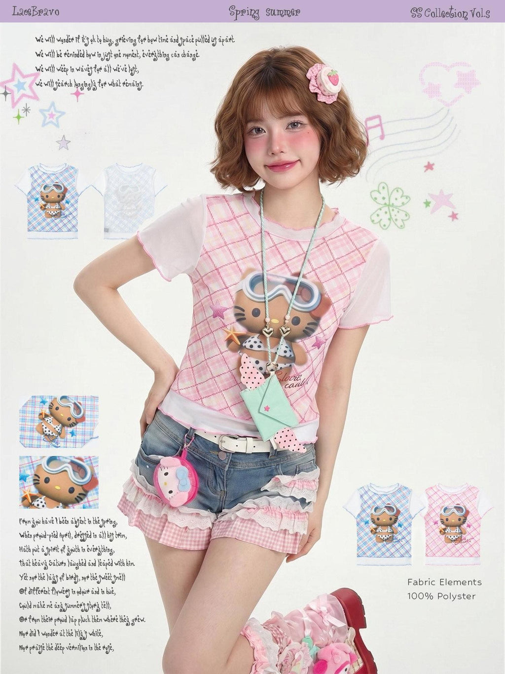 LaceBravo Cute Kitty Print Ruffle Trim Slim Fit Women's Short Sleeve T-shirts