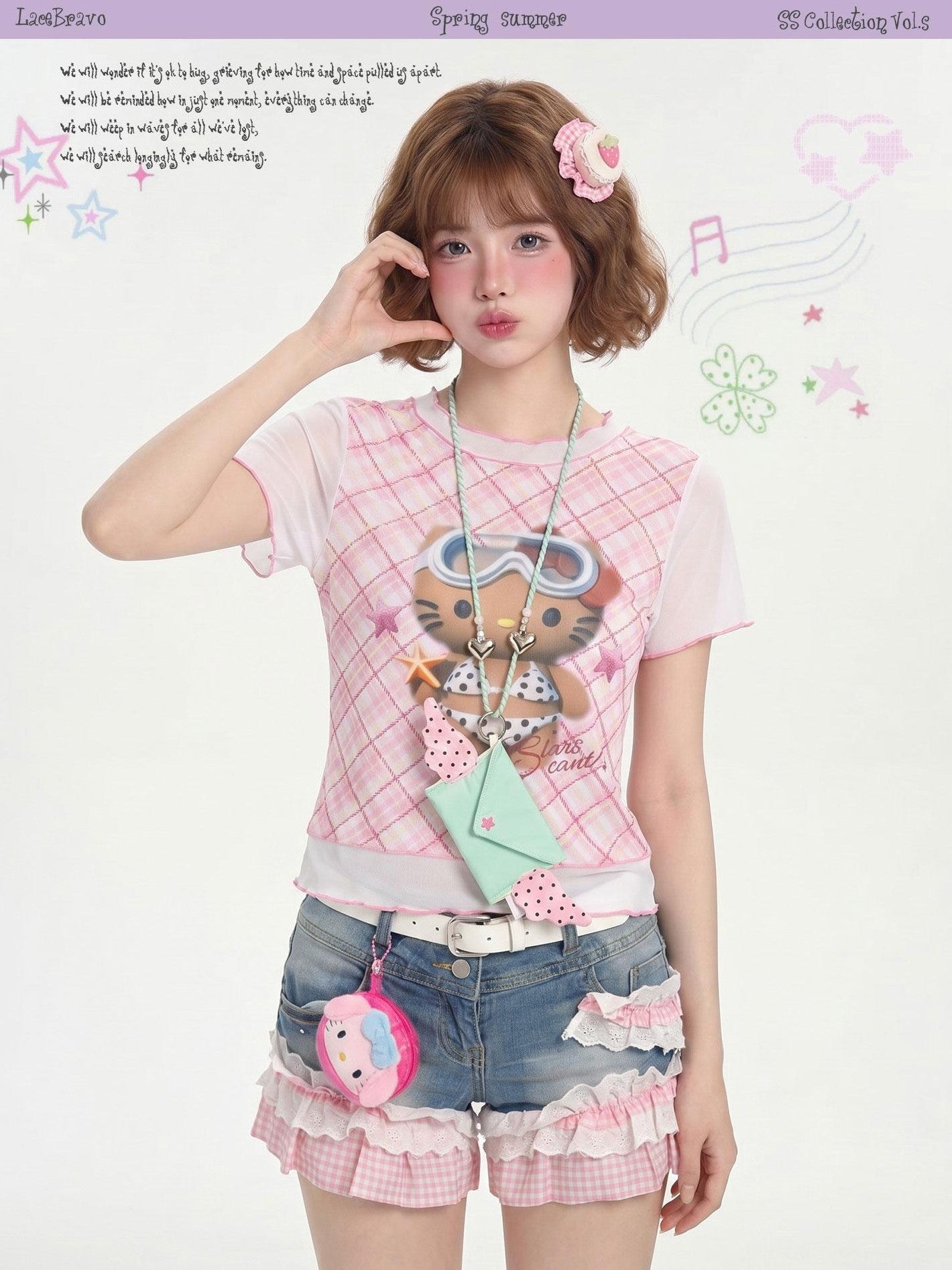 LaceBravo Cute Kitty Print Ruffle Trim Slim Fit Women's Short Sleeve T-shirts