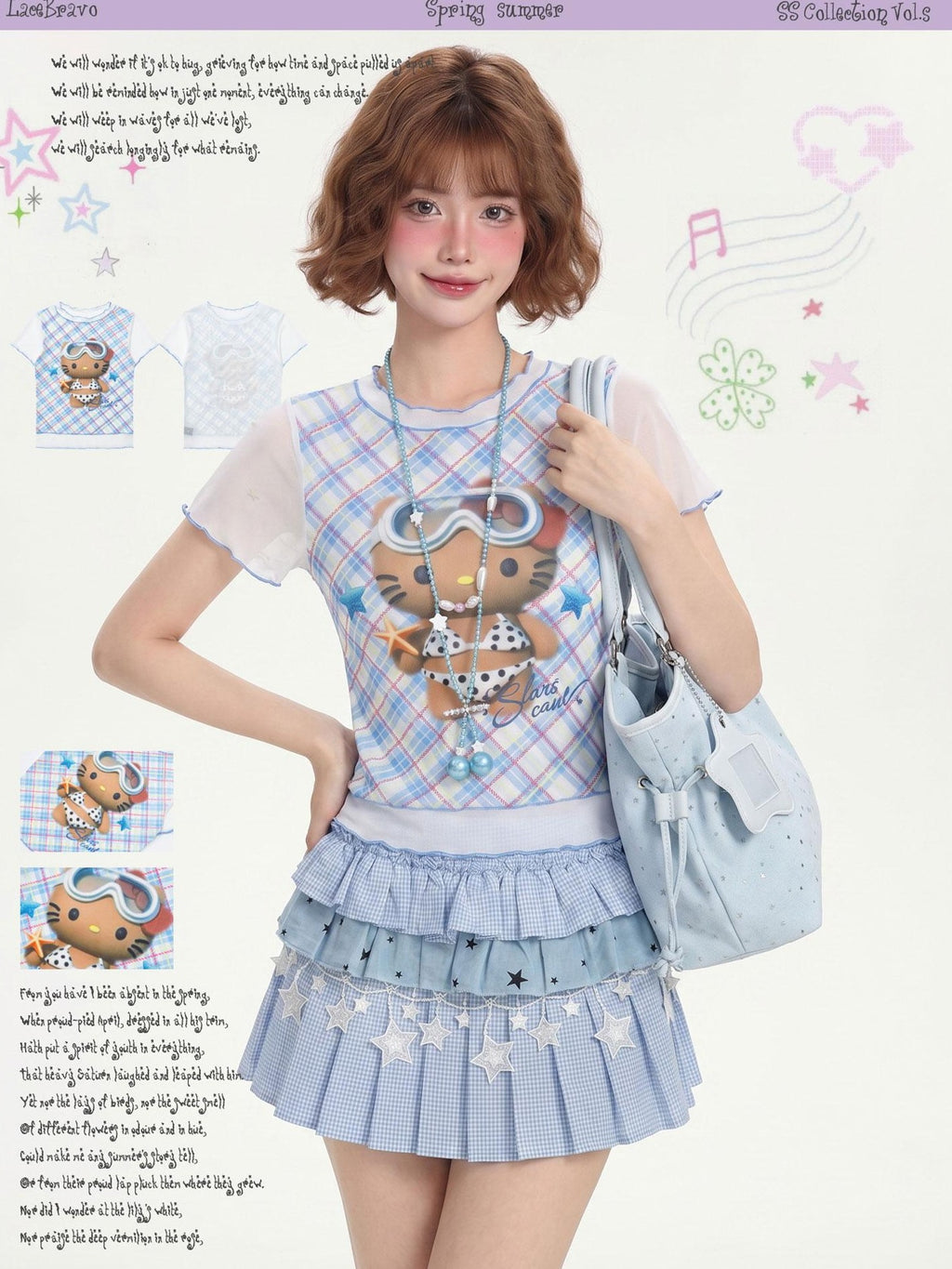LaceBravo Cute Kitty Print Ruffle Trim Slim Fit Women's Short Sleeve T-shirts