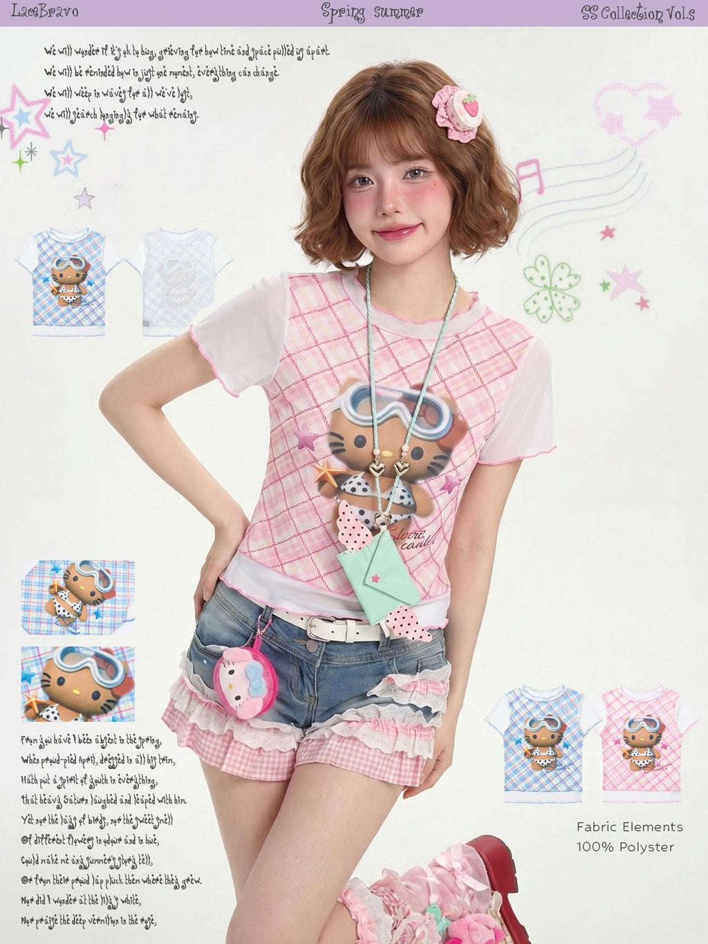 LaceBravo Cute Kitty Print Ruffle Trim Slim Fit Women's Short Sleeve T-shirts