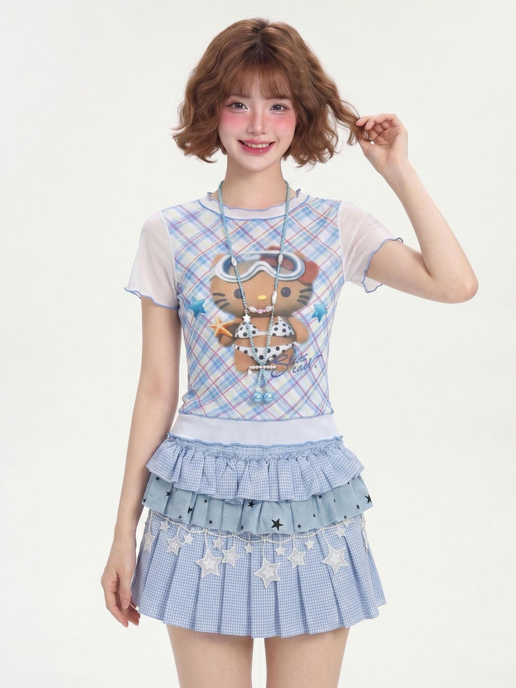 LaceBravo Cute Kitty Print Ruffle Trim Slim Fit Women's Short Sleeve T-shirts