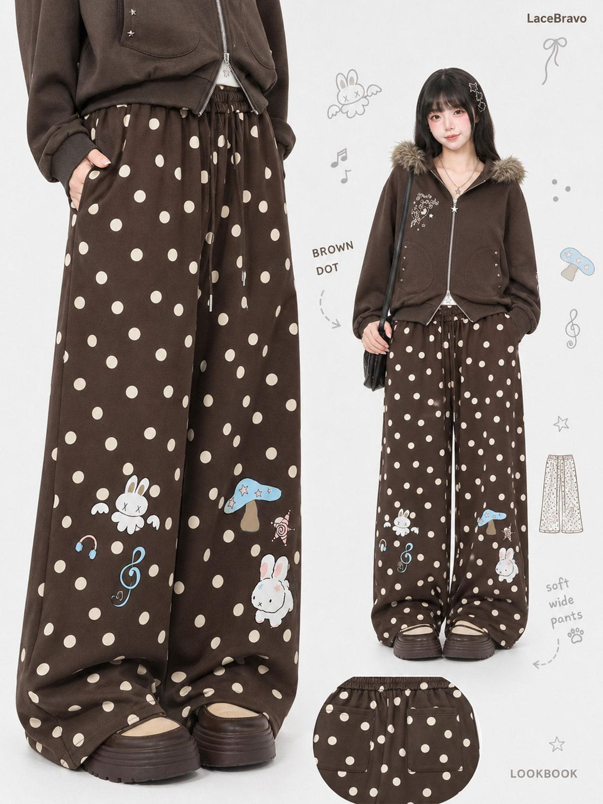 LaceBravo Cute Polka Dot Cartoon Print Drawstring Straight Leg Women's Polyester Sweatpants
