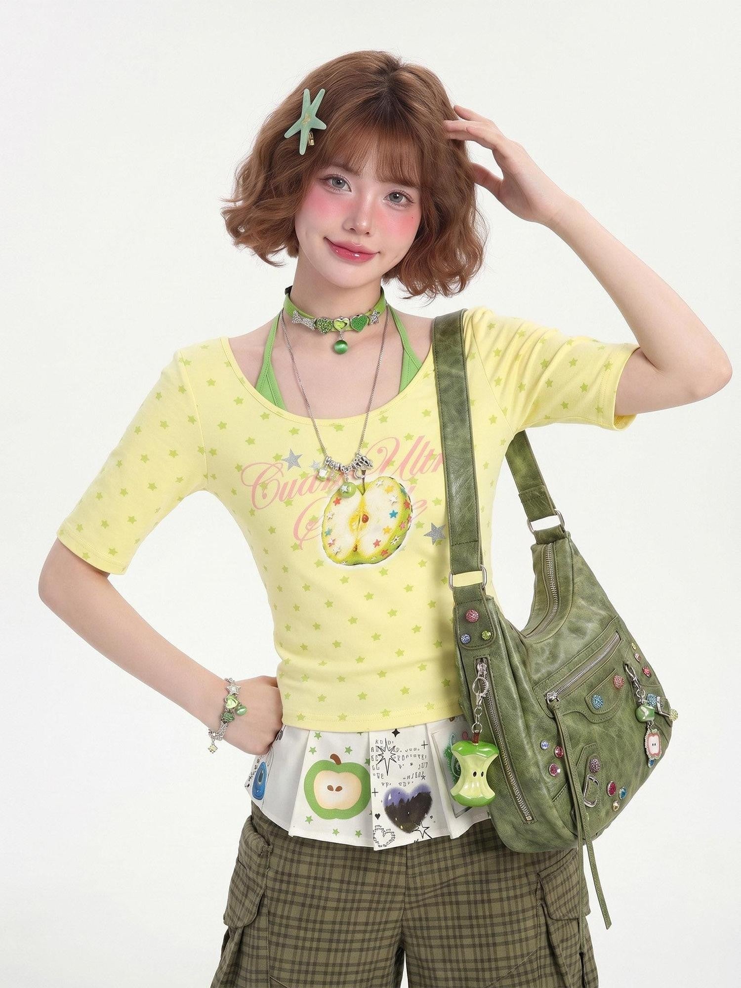 LaceBravo Dopamine Fruit Star Print Faux Layered Crew Neck Women's Slim T-shirts