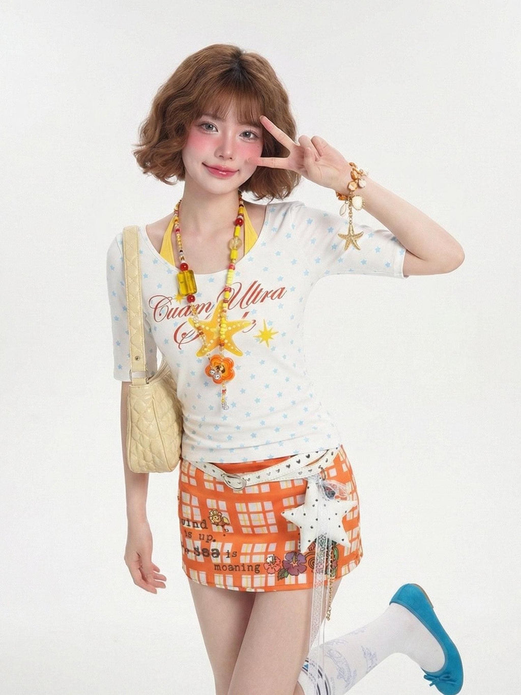 LaceBravo Dopamine Fruit Star Print Faux Layered Crew Neck Women's Slim T-shirts