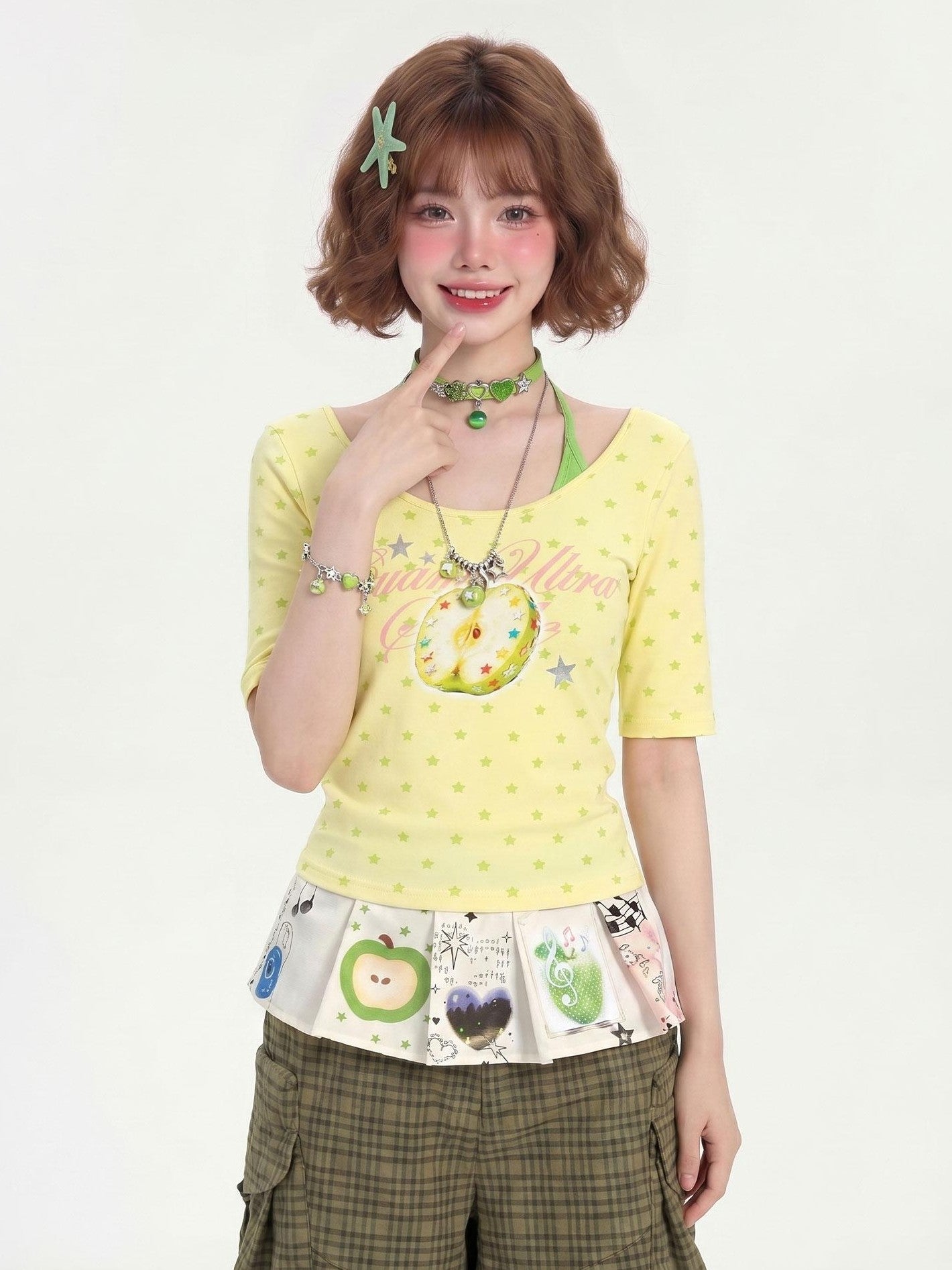 LaceBravo Dopamine Fruit Star Print Faux Layered Crew Neck Women's Slim T-shirts