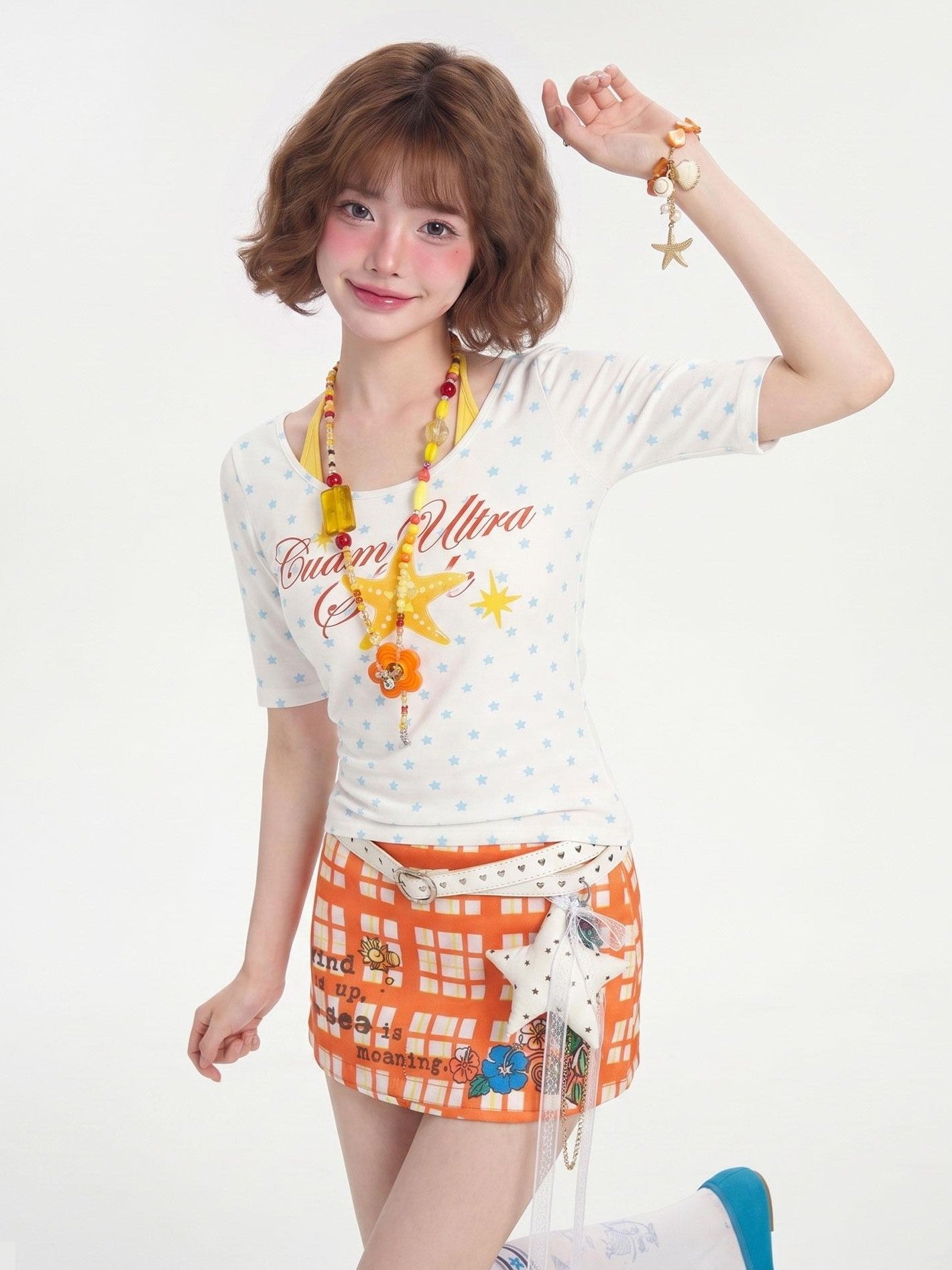 LaceBravo Dopamine Fruit Star Print Faux Layered Crew Neck Women's Slim T-shirts