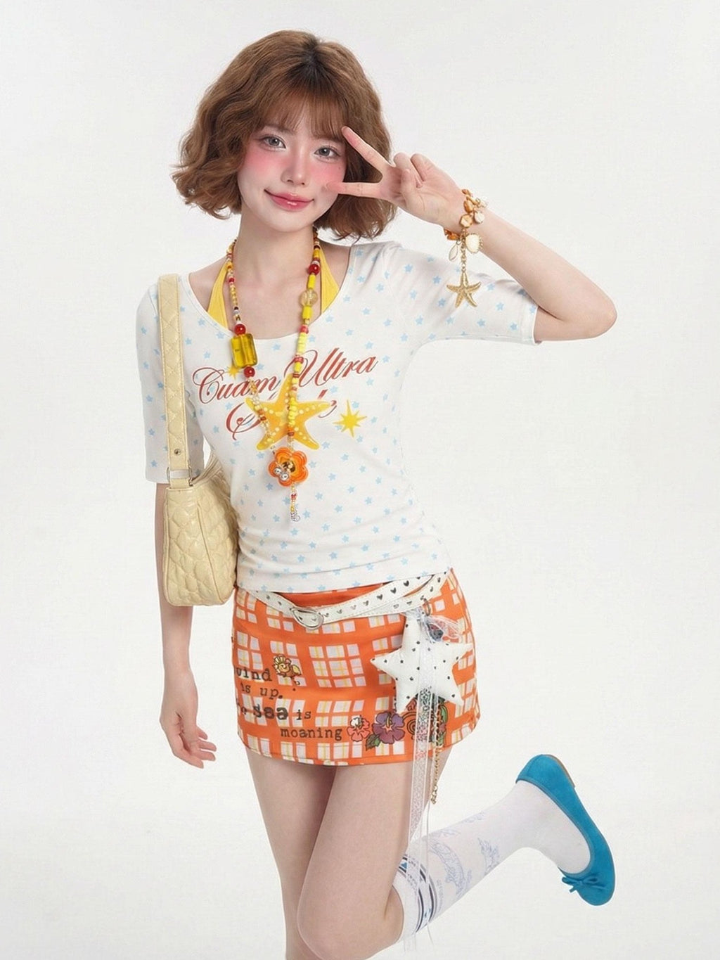 LaceBravo Dopamine Fruit Star Print Faux Layered Crew Neck Women's Slim T-shirts