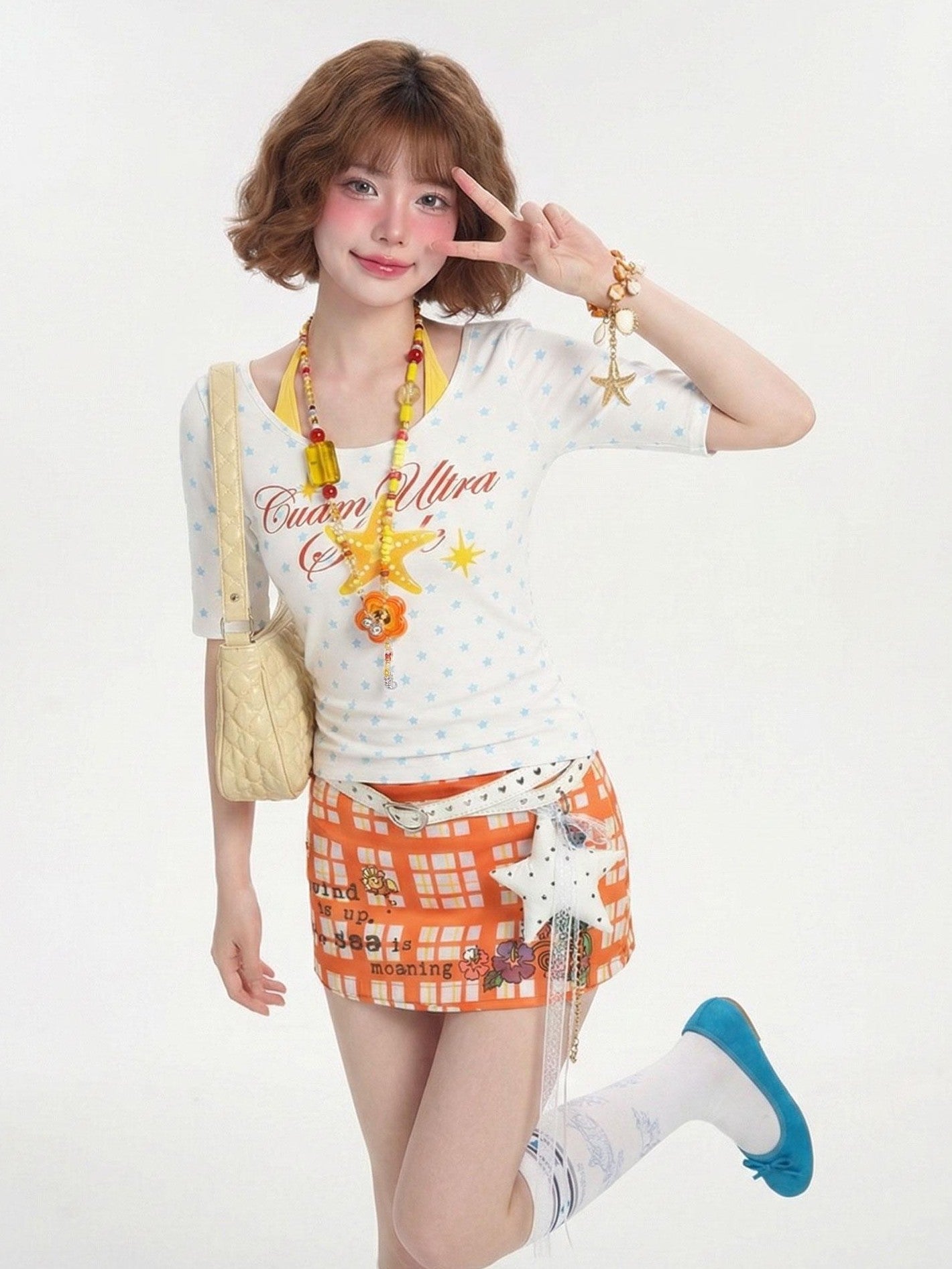 LaceBravo Dopamine Fruit Star Print Faux Layered Crew Neck Women's Slim T-shirts
